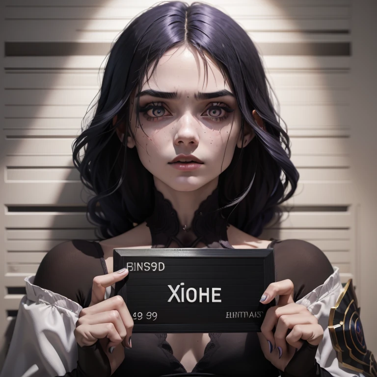 , sinister, female, thin, pale, looking at the camera, ultra realistic, fully detailed, cemetery environment, bright eyes, white dress torn and stained with blood, bones exposed, putrid wounds, sensual, terrifying, bruised by the body, exposed fracture in the collarbone, slight smile, super detailed, white eyes,gun shots in the body,фиолетовые hair, mugshot,