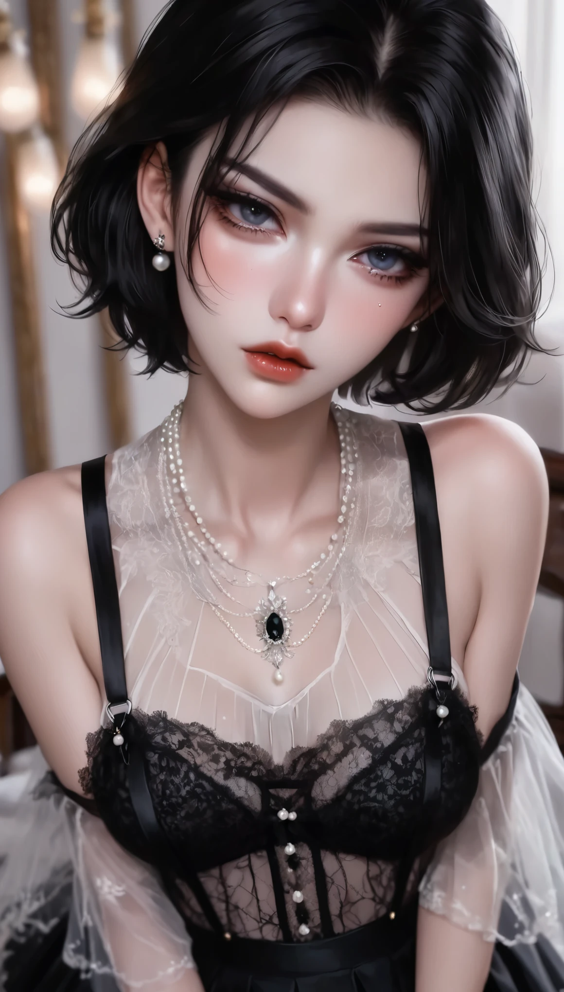 1 girl，Sexy，Short flowing black hair，Hair shine，Skin details，Beautiful facial features，Exquisite makeup，Exquisite eyes，Eye details，Dark eyeshadow，small freckles，Pearl necklace，full，Black suspender skirt，White tulle lace，Shoulder，arm