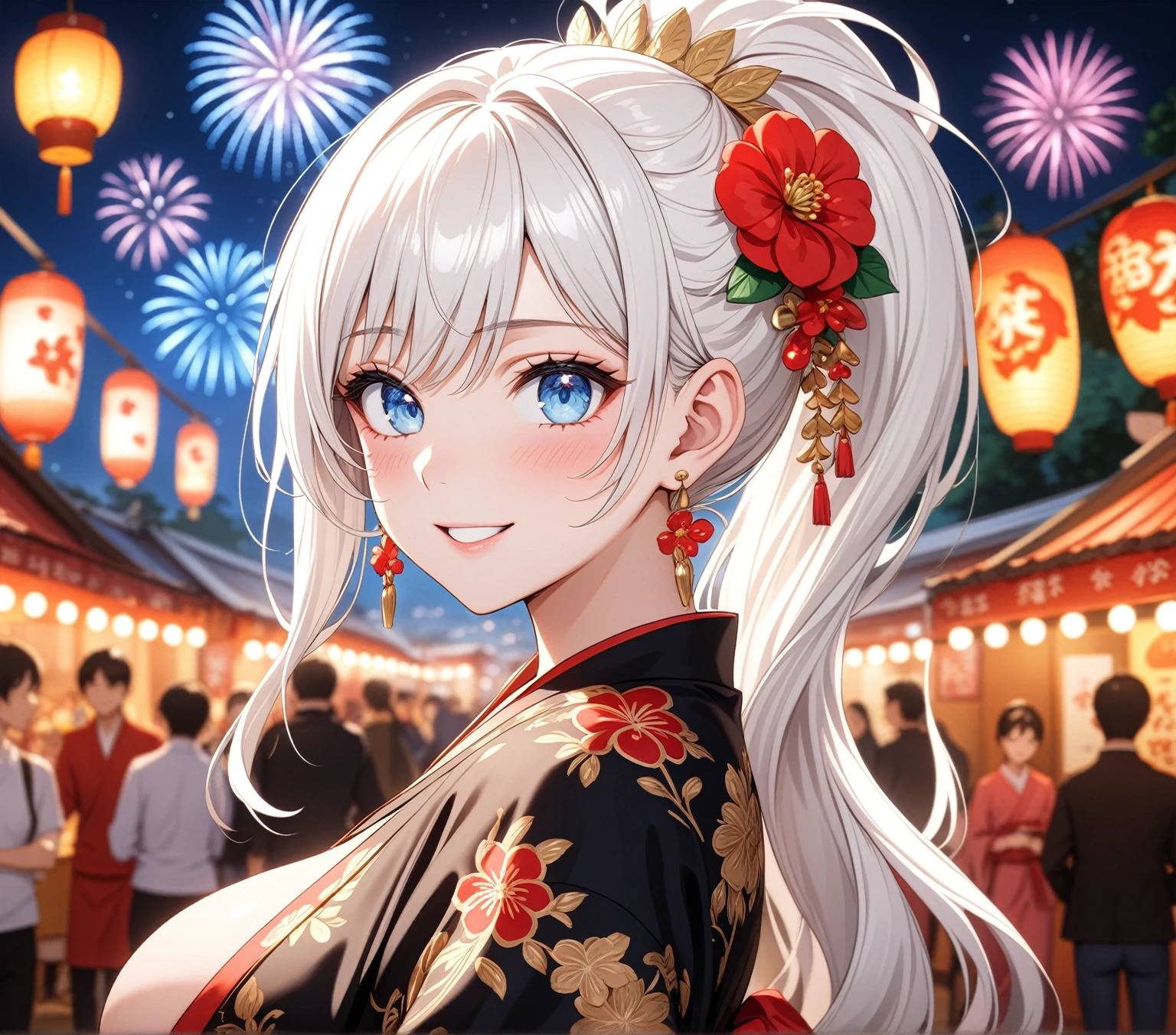 ((one personの女性)), Beautiful Face,Laughing embarrassedly,Laughing with your mouth open,Bright red cheeks,Glossy pink lips,night,Festival stalls on the riverbank,firework,((Anime style background)),masterpiece, highest quality, so beautiful, Latest, Complex details, (Pink long nails),AI-generated, Complex,High resolution, highest quality, super high quality,3D Images、View your viewers、3D Images,one person,Long white hair,High Ponytail,blue eyes,Anime woman posing for a photo, ((Fine grain、Clear blue eyes、Shining Eyes:1.1)),(Squint your eyes:1.1),a hyperRealistic , hyperRealistic , Realistic,Anime woman with long and white hair, Smooth anime CG art, A woman in a colorful kimono with gold embroidery, (Black kimono),Red floral pattern,Long flower hair ornament,Big earrings,,Mature Body,(Big Breasts:1.0)Tall,Big Ass,Fine details,Narrow waist,(Face close-up:1.5),Bevel the background