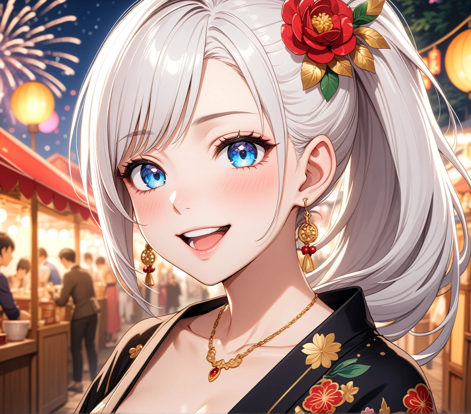 ((one personの女性)), Beautiful Face,Laughing embarrassedly,Laughing with your mouth open,Bright red cheeks,Glossy pink lips,night,Festival stalls on the riverbank,firework,((Anime style background)),masterpiece, highest quality, so beautiful, Latest, Complex details, (Pink long nails),AI-generated, Complex,High resolution, highest quality, super high quality,3D Images、View your viewers、3D Images,one person,Long white hair,High Ponytail,blue eyes,Anime woman posing for a photo, ((Fine grain、Clear blue eyes、Shining Eyes:1.1)),(Squint your eyes:1.1),a hyperRealistic , hyperRealistic , Realistic,Anime woman with long and white hair, Smooth anime CG art, A woman in a colorful kimono with gold embroidery, (Black kimono),Red floral pattern,Long flower hair ornament,Big earrings,,Mature Body,(Big Breasts:1.0)Tall,Big Ass,Fine details,Narrow waist,(Face close-up:1.5),Bevel the background