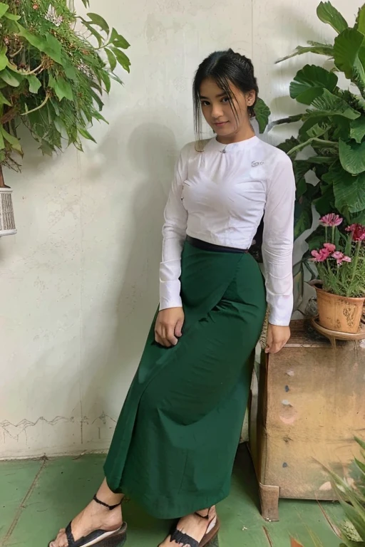 A school teacher is 30years old.Tall, thin, big hips, big breasts, black hair, small lips, brown eyes, attractive, K.Top=white Burmese blouse,With long sleeves,Buttoned at the side.Bottom=(Dark green) long skirt.
Footwear=female Burmese sandals,The hair is knotted bun.