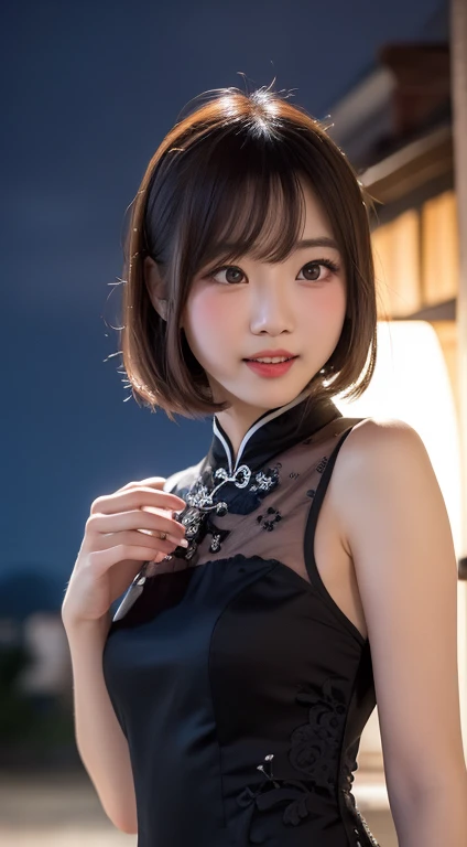 masutepiece, Best Quality, 8K, 10yaers old, , Raw photo, absurderes, award winning portrait, Smile, Solo, (Night:1.8), Idol face, violaceaess, Delicate girl, Upper body, Digital SLR, Looking at Viewer, Candid, Sophisticated,Thin arms, Professional Lighting, Film grain, chromatic abberation, (Eyes and faces with detailed:1.0), (Bokeh:1.1) , (qipao dress:1.1) , closes mouth
