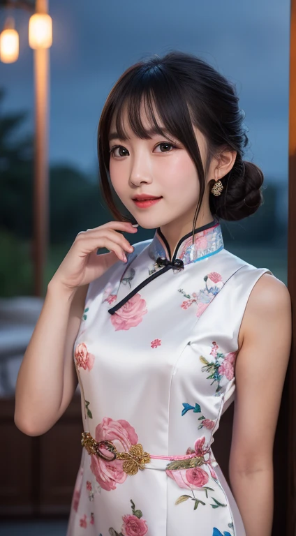 masutepiece, Best Quality, 8K, 10yaers old, Teen, Raw photo, absurderes, award winning portrait, Smile, Solo, (Night:1.8), Idol face, violaceaess, Delicate girl, Upper body, Digital SLR, Looking at Viewer, Candid, Sophisticated,Thin arms, Professional Lighting, Film grain, chromatic abberation, (Eyes and faces with detailed:1.0), (Bokeh:1.1) , (qipao dress:1.1) , closes mouth