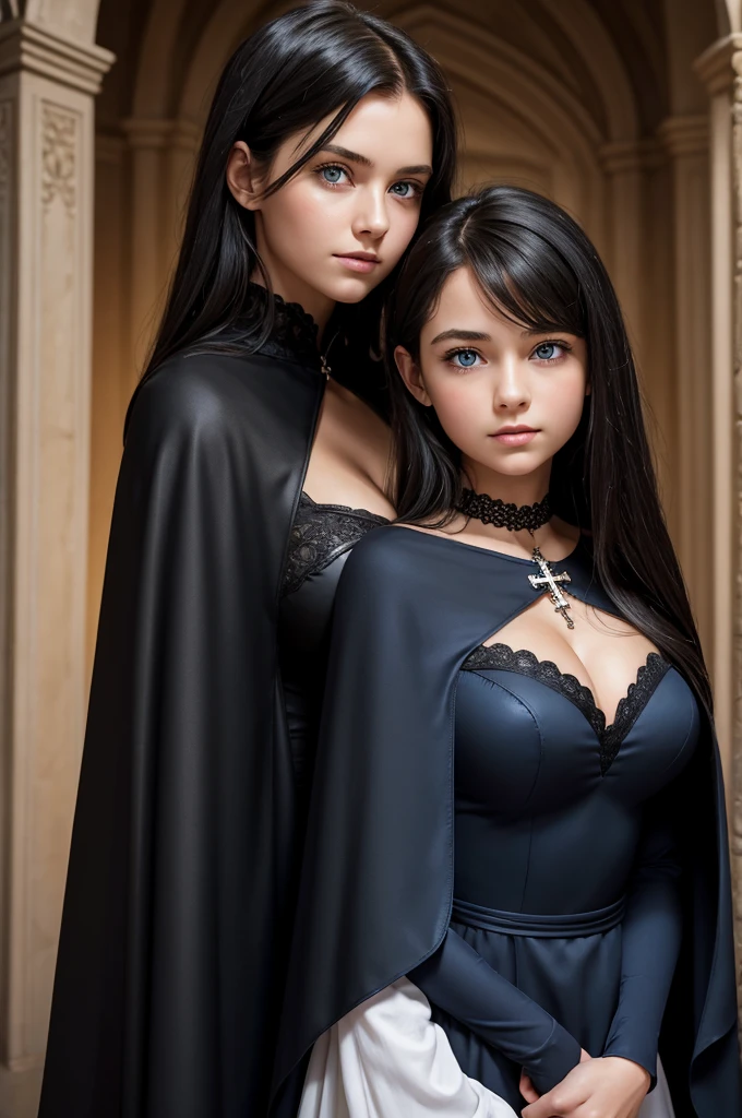 two sisters portrait break: female, evil, 19 years old , black hair and blue eyes, arrogant, leader, detailed face, beautiful face, curvys, tall, chubby, cleavage dress with cape, desing with christian cross, break: teenager(1.3) girl,13 years old, very small breats, black hair and blue eyes, detailed face, angelical face,cleavage, small breasts, dress with cape, desing with christian cross, soft lesbians