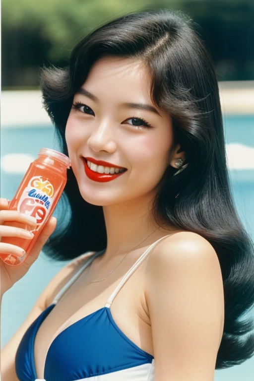 Picture a vibrant advertisement straight out of Japan from the 1980s. The primary focus of the image is a young woman, radiant and full of energy. big breasts, strikingly beautiful, delicate facial features, porcelain skin, expressive eyes, black hair, red lips, erotic pose, her hair styled in classic pin curls, ((swimsuit from the 1980s)), She holds a bottle of Calpis with an infectious smile, taking a sip from a straw. The Calpis logo, in its signature font, stands out against a backdrop of soft, dreamy pastels. The entire scene exudes youth, vitality, and the refreshing taste of the beverage,
