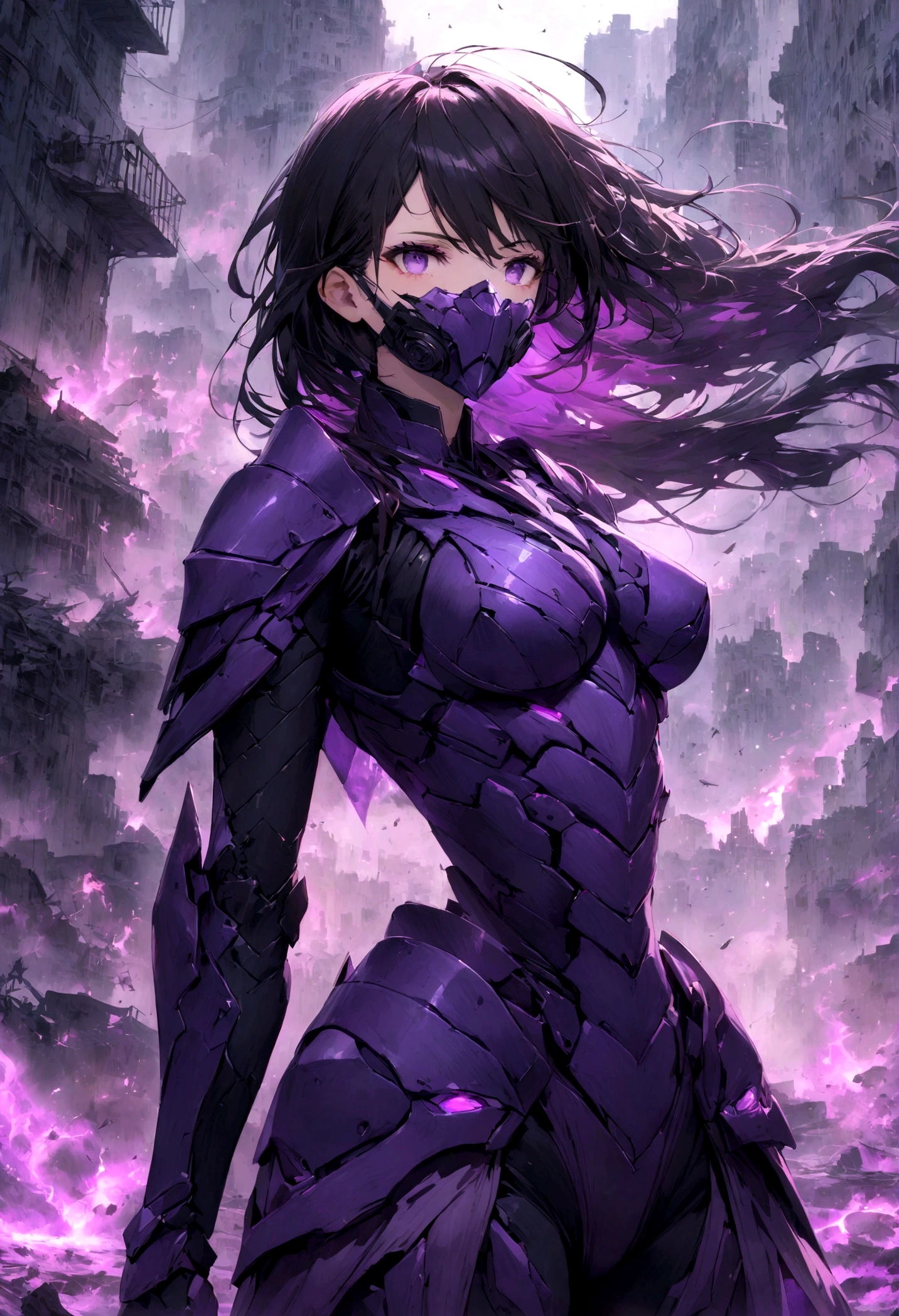 Generate a complete image of a black-haired super villain who has purple powers and has a purple technological armor and an advanced technological mask on her face., purple energy around her and a destroyed city behind her.