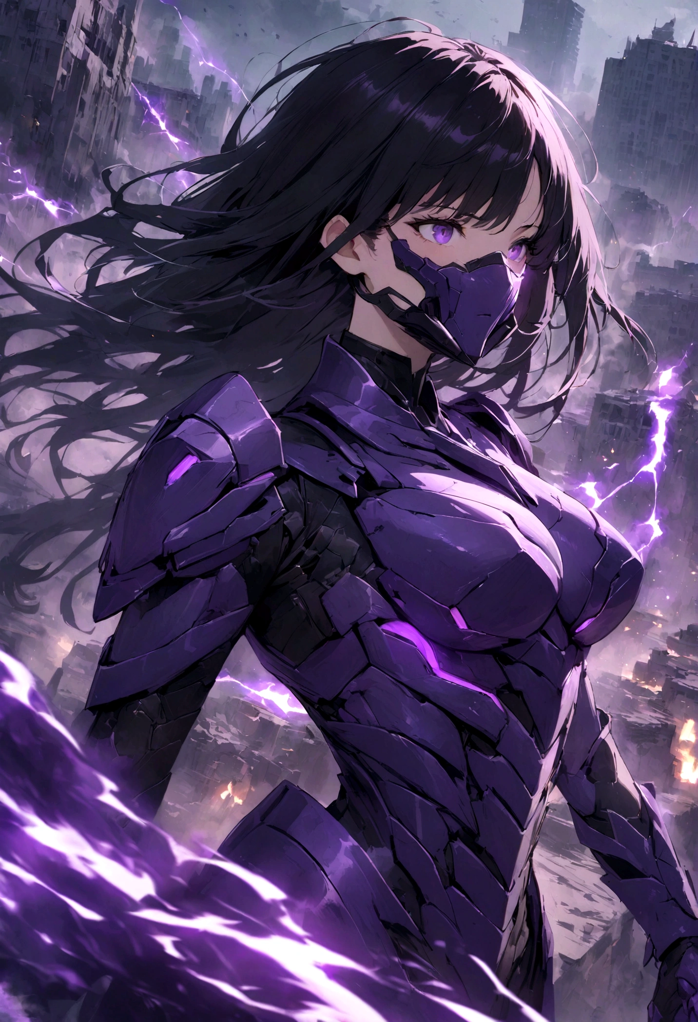 Generate a complete image of a black-haired super villain who has purple powers and has a purple technological armor and an advanced technological mask on her face., purple energy around her and a destroyed city behind her.