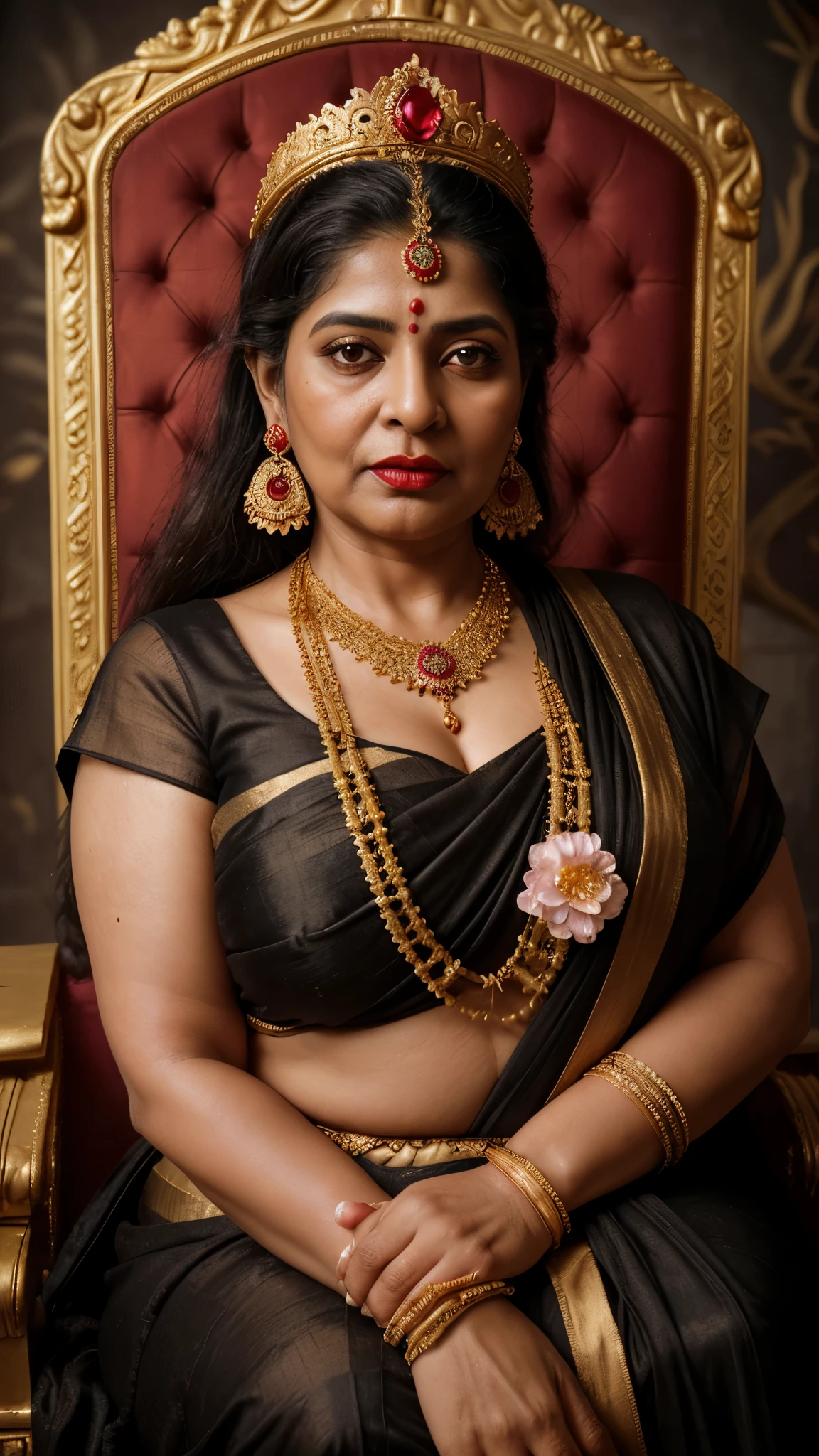 Photorealistic, Fullbody Shot, Cinematic Shot, Studio Lighting, Shot Phase One, ISO 100, Natural Lighting, Sharpen, Lightroom, Fine Art Photography, Hyperdetailed, Highly Detailed, 8K, Sharp details on face, Photography, Female, (55+ Age) Woman in Black Bengali Sari and (22 Age) Girl both looking towards viewer, Jewellery on head and hair, Red Lipstick, Golden Necklace, Earring, Ornate, Detail, Flowers, Blurred Background, Soft Focus (Curvy Body) (Chubby Mature), Kakatiya Queen Rudramma Devi Look, Proud Woman, Emotional Crying Sitting in the Throne of her Palace, full Camera Angle 