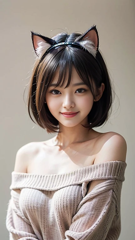 ((highest quality、Masterpiece、High resolution))、(((Zoom photo of upper body)))、(A shy smile:1.2)、One 15-year-old female、Beautiful Skin、Beautiful Eyes、Large Breasts、Cat ears headband、Off-the-shoulder sweater、Black Hair、Trimmed bangs、Short Bob