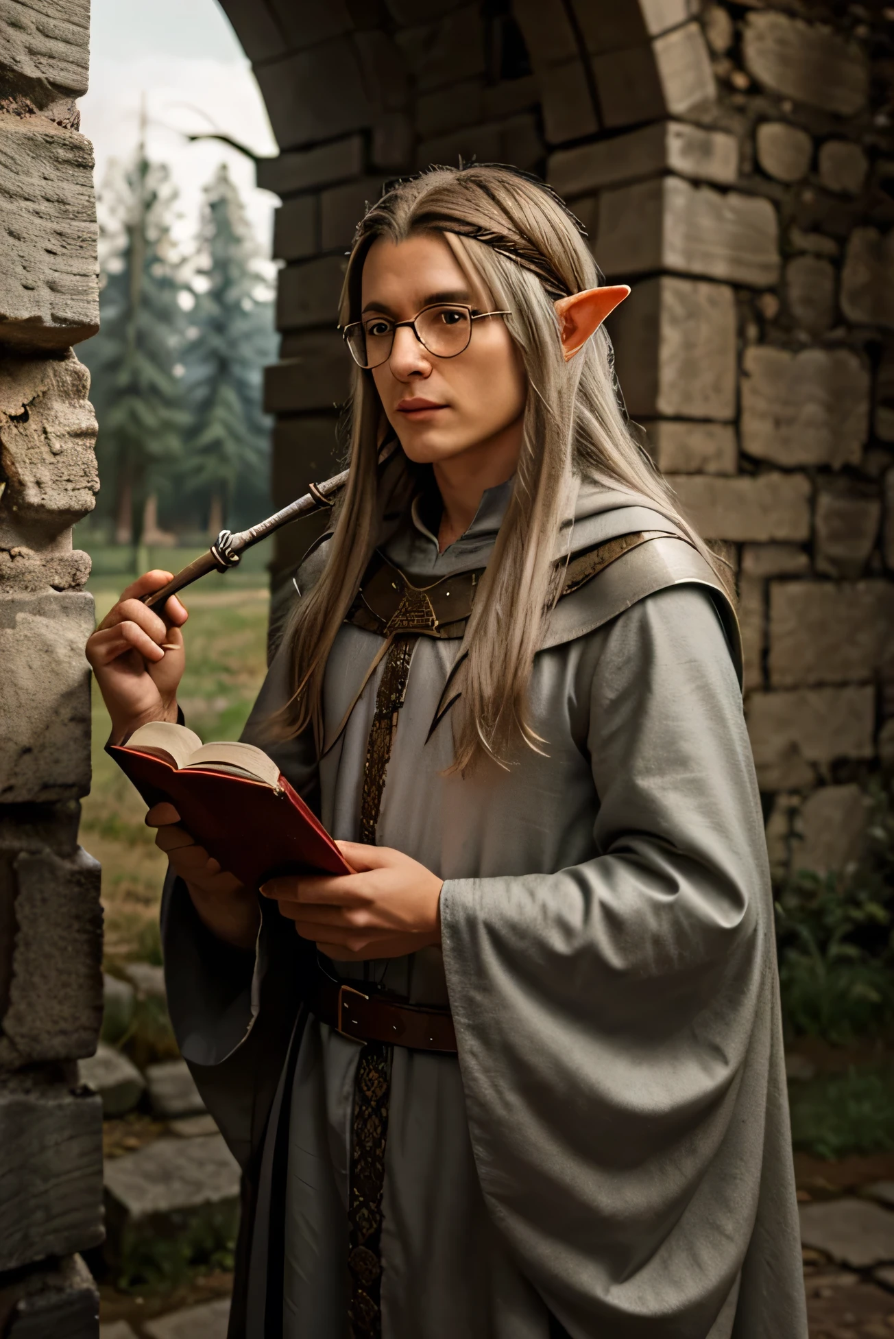 a wise elf, wearing glasses, long hair, silver hair, wizard, battle background inside a labyrinth of stones and walls, Holding book in one hand and staff on the other, Medieval red cloak.