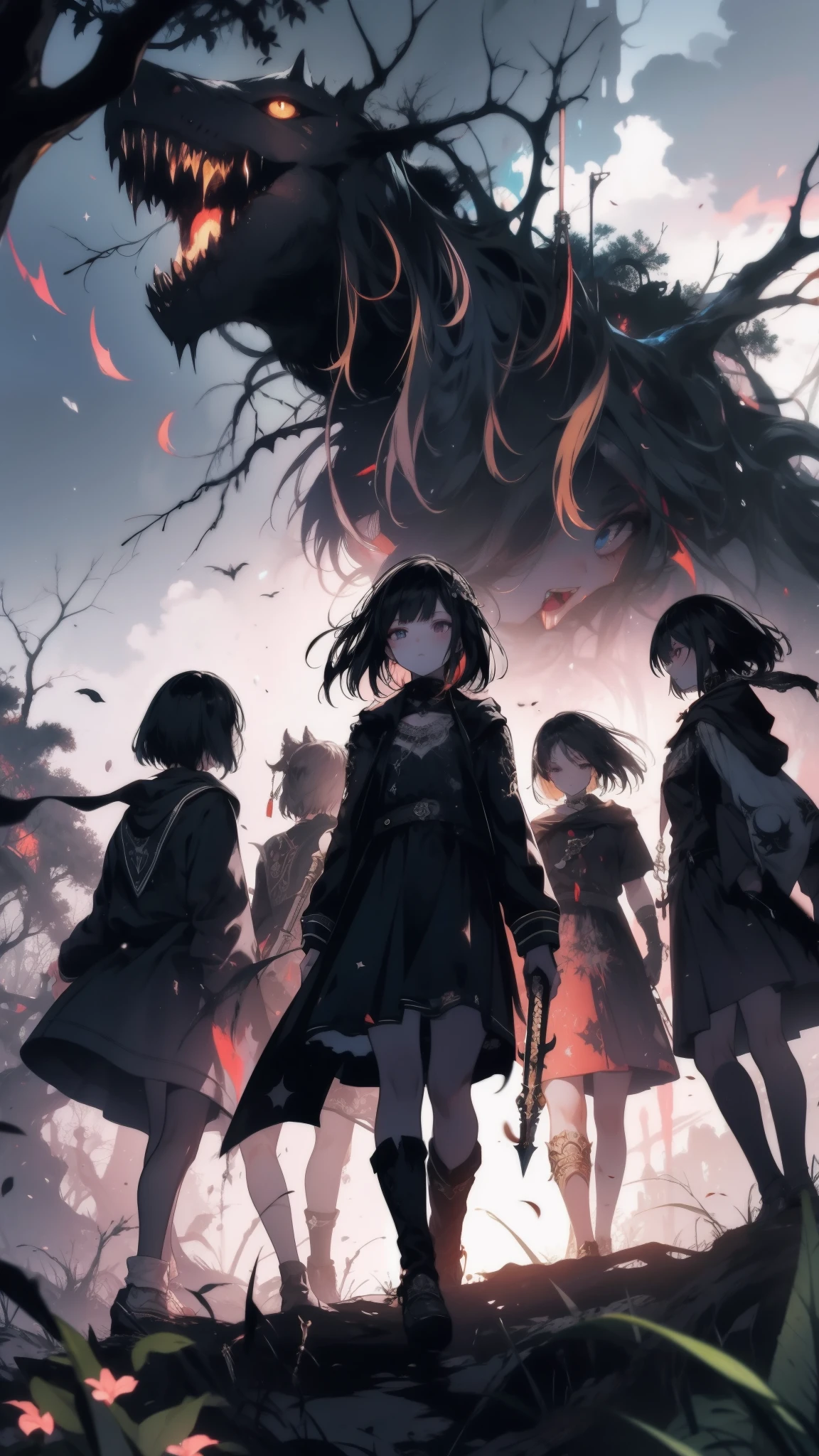 A dramatic movie scene of a group of teenagers, wielding golden staffs adorned with magical runes. They stand defiantly against a monstrous creature made of gnarled branches and glowing flowers, in an abandoned, overgrown temple. The air crackles with magical energy as the teenagers prepare to launch their attack, fantasy world, dark background, clean design, epic, artstation, colorful paint splatter, silhouette, hyper detailed intricate details, unreal engine, fantasy, splash screen, complementary colors, deviantart masterpiece, oil painting, heavy strokes, paint dripping, indifferent expression