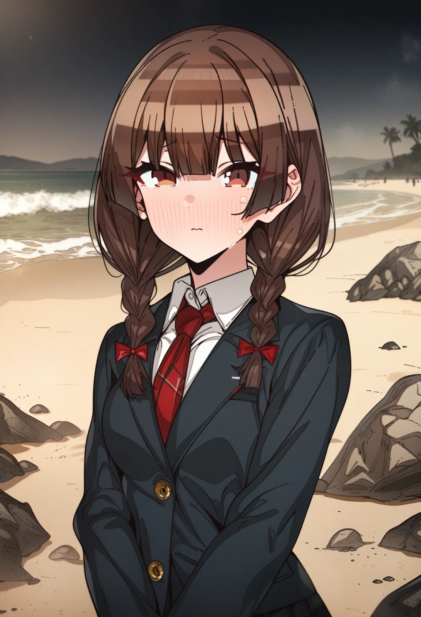 houshou_marine with brown hair and brown eyes, Artist, erere, Copyrights, idolmaster, idolmaster_shiny_colors, Character, General, 1girl, brown_hair, blunt_bangs, blush, medium_breasts, breasts, detailed eyelashes, beatiful girl:1, brown_eyes, censored, school_uniform, black pleated skirt, black blazer, white shirt, red tie, twin_braids, :|:0.5, (full_body) (standing in middle, beach, rocks), sky:0.7, half-closed_eyes, detailed, sand, outdoors, from_side, looking_at_viewer, masterpiece, best_quality, great_quality, girl, solo, center_composition, centered character, cute, crying
