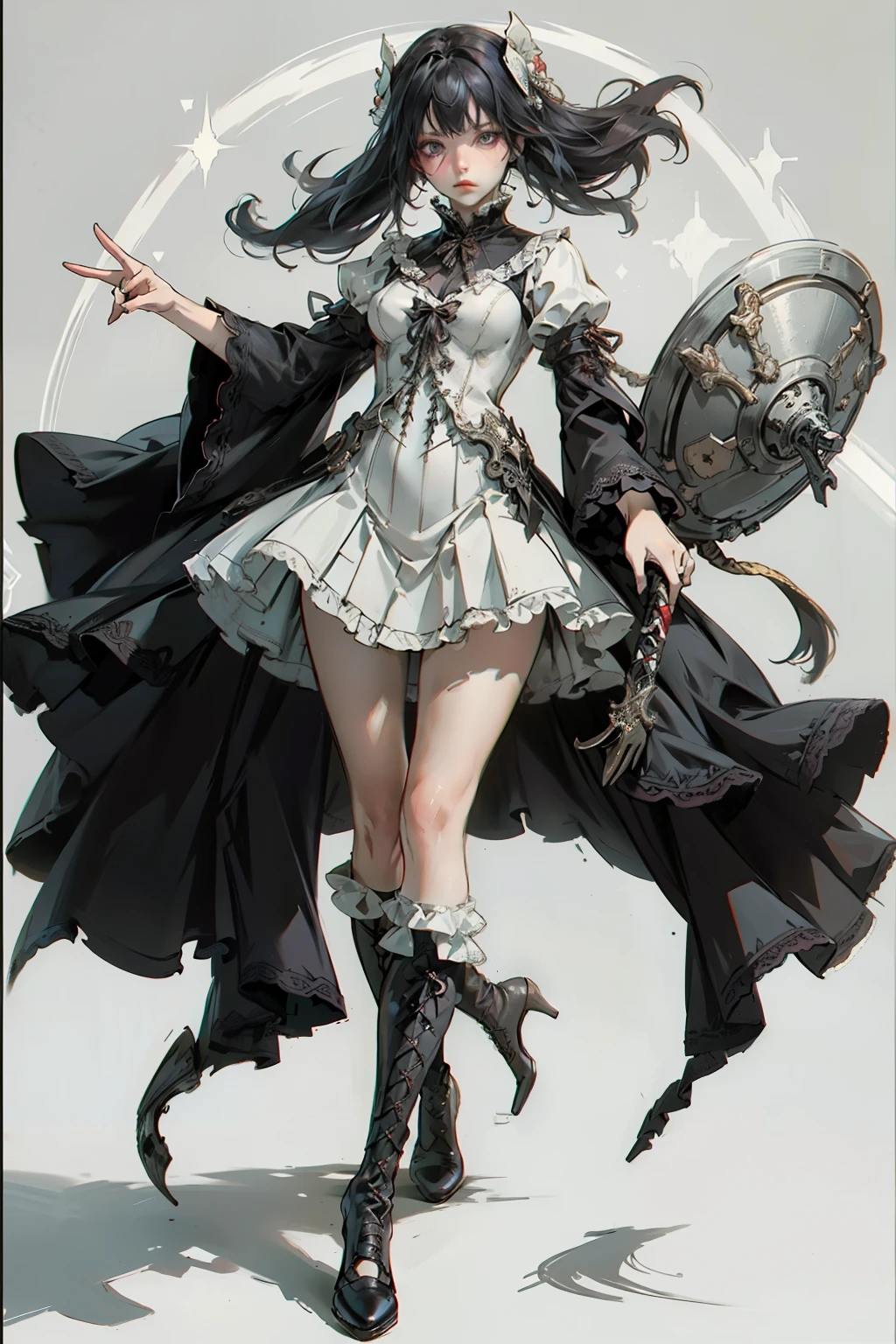 ((best quality)), ((masterpiece)), (detailed), blank white background, plain background, white background, red and white clothing, Bloodborne inspired,  occult aesthetic, occult, detailed and intricate steampunk and detailed gothic, NSFW, Very dramatic and cinematic lighting, cosmic horror, grim-dark, side-lighting, perfect face, NSFW, Fluttering lace flared long knee length dress with frilly petticoats, knee length dress, pleated petticoats, lolita dress, petticoats gothic lolita, complex lace boots, wielding a sword and holding a shield, side-lighting, gothic lolita aesthetic, NSFW, beautiful small breasts, small breasts, full body, whole body, body, plain background, white background, blank background, no background, white background NSFW, full body, whole body, head-to-toe