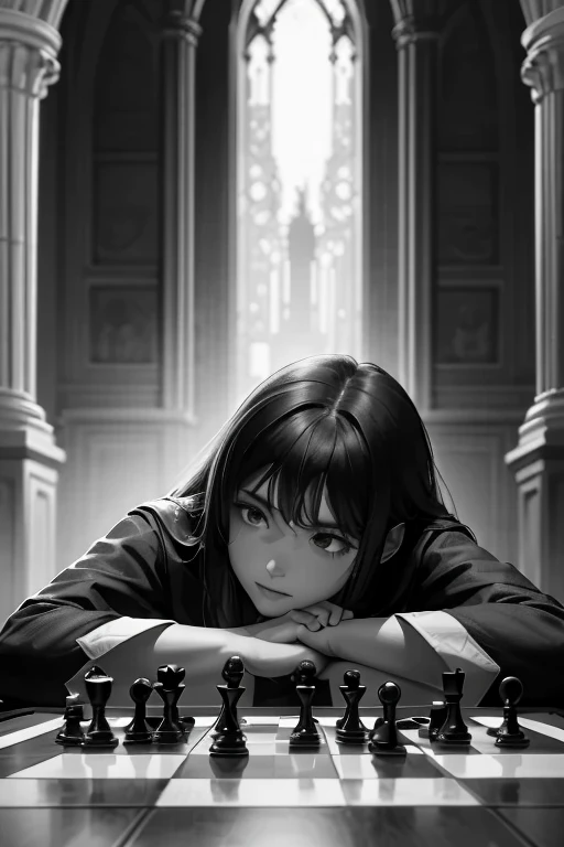 A girl playing chess against other girl, chess tournament, dark cathedral background, realistic, detailed, black and white outfit