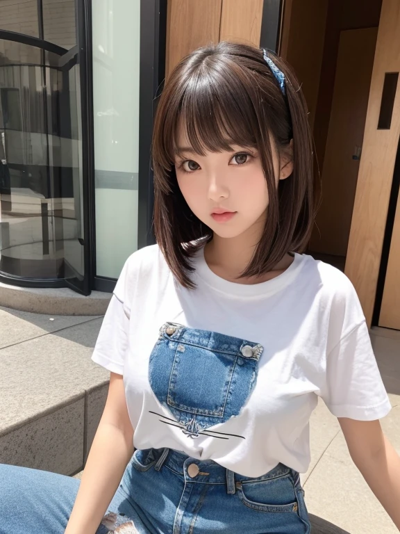 ((highest quality)), ((masterpiece)), (detailed),Japanese Beauty, One Girl, (beautiful girl:1.3), (20-year-old:1.2), Very fine grain definition, (Symmetrical eyes:1.3), Beautiful breasts, Brown eyes, Parted bangs, Dark Hair, Medium Hair, (pout:1.3),  (Denim shorts:1.3), (Oversized T-shirt:1.3), Cafe, Arching one&#39;s back