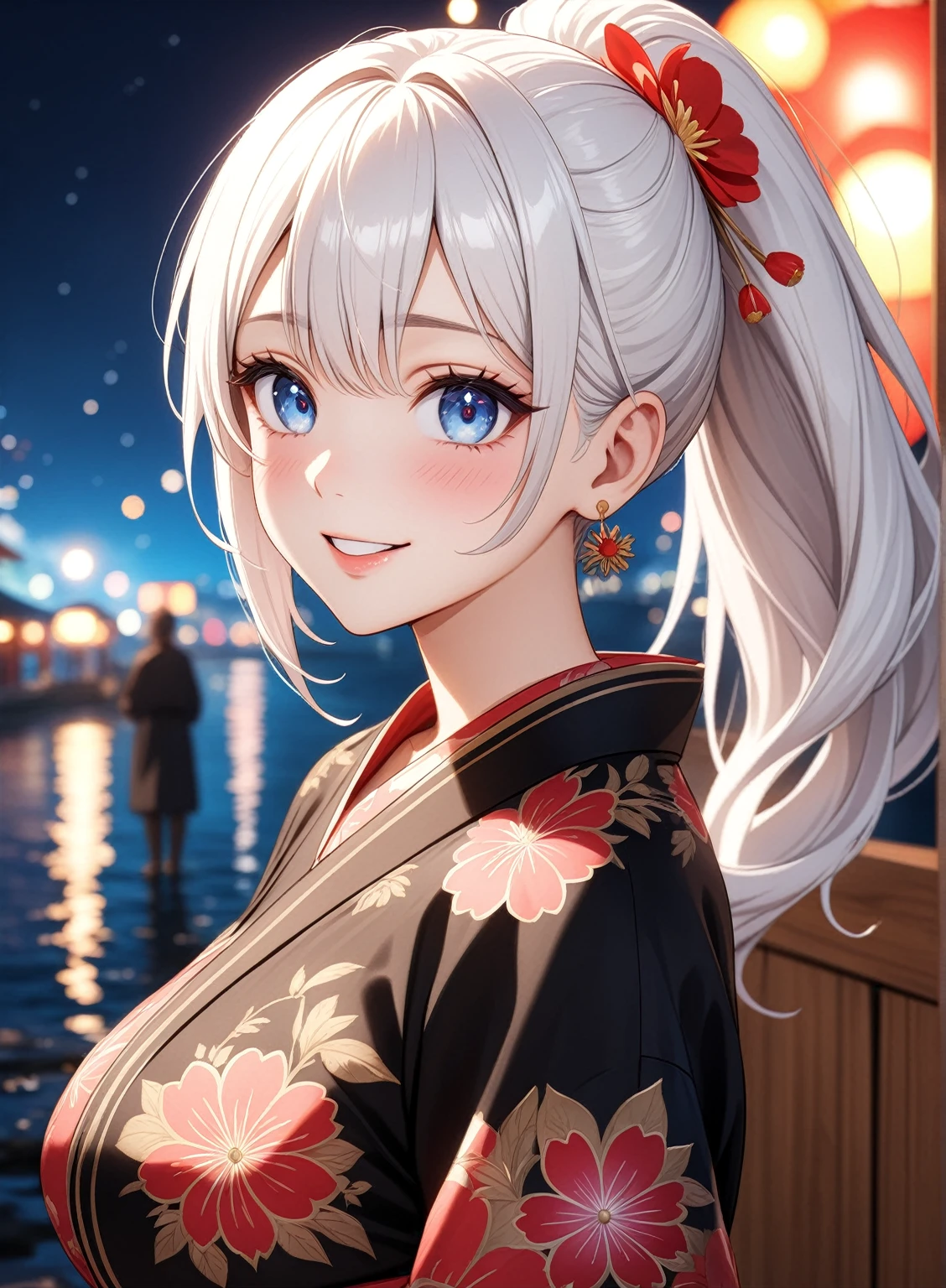 ((one personの女性)), Beautiful Face,Laughing embarrassedly,Laughing with your mouth open,Bright red cheeks,Glossy pink lips,night,Festival stalls on the riverbank,firework,((Anime style background)),masterpiece, highest quality, so beautiful, Latest, Complex details, (Pink long nails),AI-generated, Complex,High resolution, highest quality, super high quality,3D Images、View your viewers、3D Images,one person,Long white hair,High Ponytail,blue eyes,Anime woman posing for a photo, ((Fine grain、Clear blue eyes、Shining Eyes:1.1)),(Squint your eyes:1.1),a hyperRealistic , hyperRealistic , Realistic,Anime woman with long and white hair, Smooth anime CG art, A woman in a colorful kimono with gold embroidery, (Black kimono),Red floral pattern,Long flower hair ornament,Big earrings,,Mature Body,(Big Breasts:1.1)Tall,Big Ass,Fine details,Narrow waist,(Face close-up:1.5),tilt one&#39;s head,Bevel the background