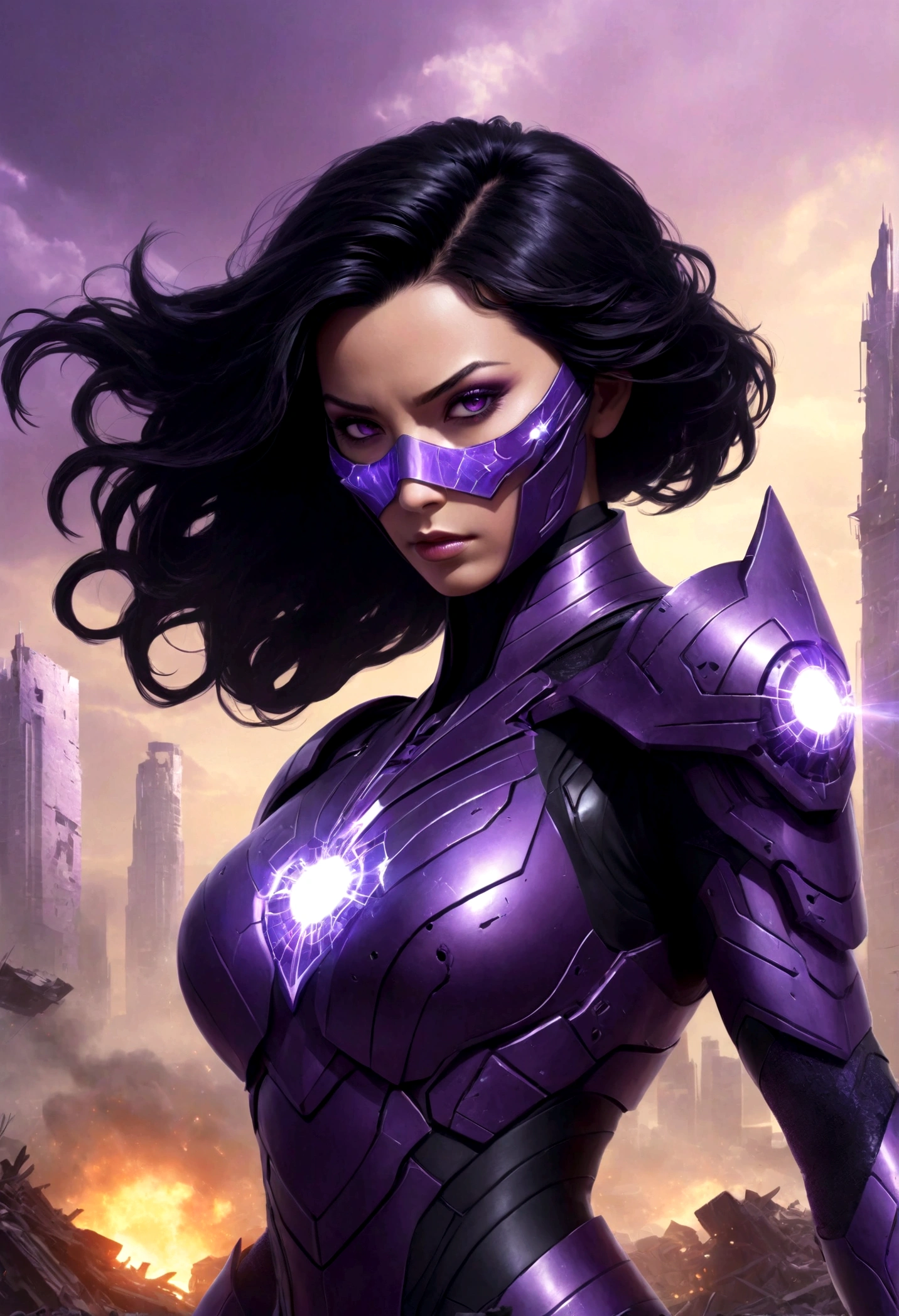 Generate a complete image of a black-haired super villain who has purple powers and has a purple technological armor and an advanced technological mask on her face., purple energy around her and a destroyed city behind her.