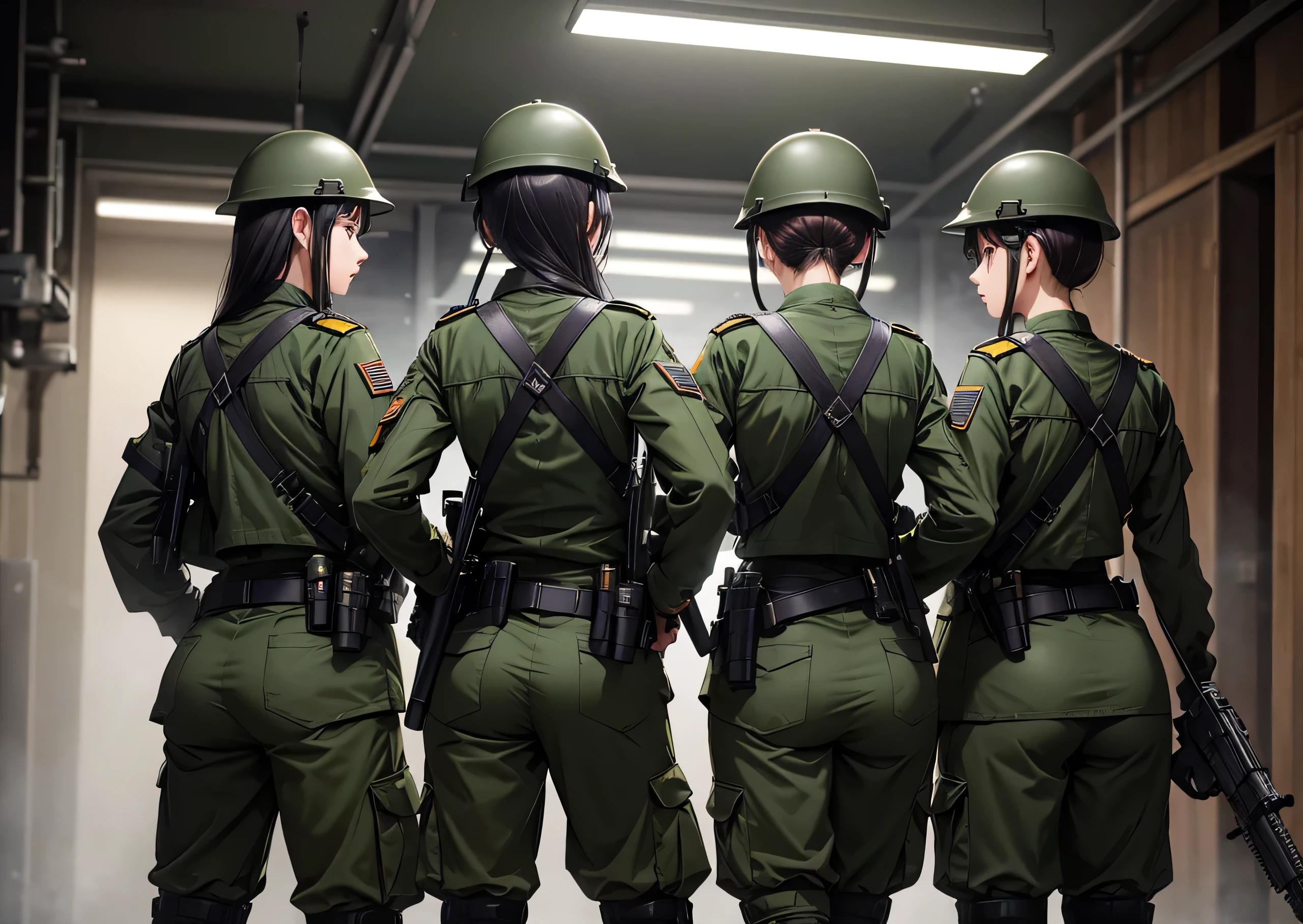 Three female soldiers patrolling from behind、Arranged in a row、back、Only the upper part of the leg is shown、Wearing dark green M-51 military uniform、Wear a steel helmet、Individual equipment set、Write details、masterpiece、best quality、Highly detailed CG、8K picture quality、theater lighting、lens flare