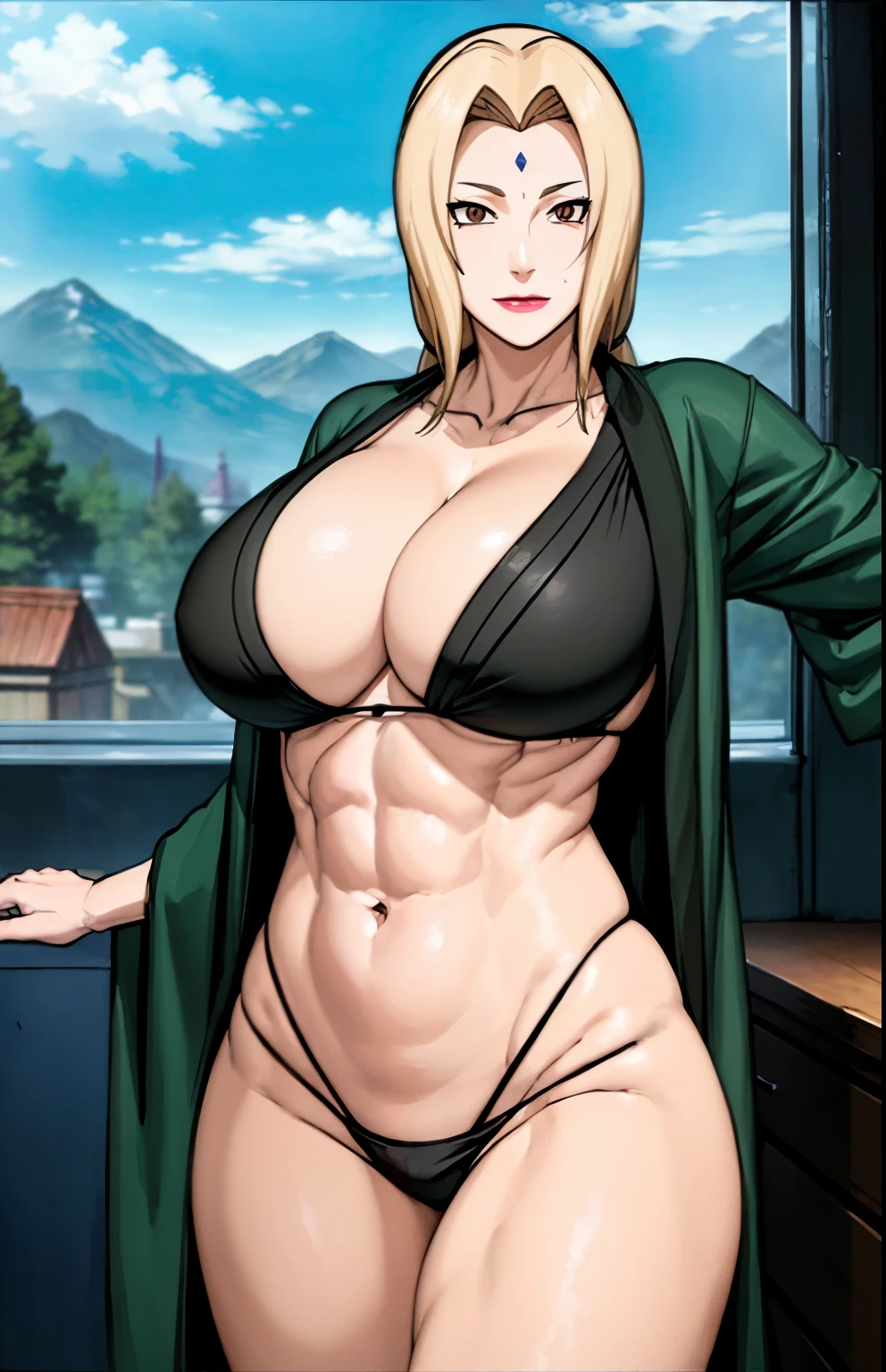 (huge tits), cleavage, good anatomy, masterpiece, best quality, 4k, 8k, professional photography, soft light, sharp focus, 1 girl,  blonde hair, short blous,visible midriff ,(mountain), clouds, blonde hair, parted banks, detailed face+brown eyes, smile, closed lips, lipstick, windows,(full bodyshot), (deep navelshow :1.5),toned abs,(oval shaped deep and long navel), alluring poses,(front view photo shoot),wears green robe,(panty),Very deep navel