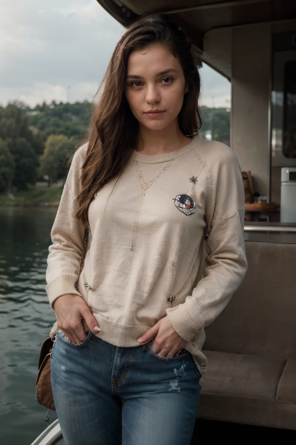 ((Best quality)), ((Meisterwerk)), (Detaillierte), 1 Sweet Girl, Pullover mit schulterfreiem Schnitt, enge jeans, auf einem boat
