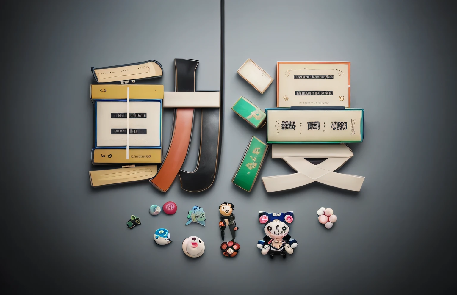 top-down view, Highly detailed, cinematic, photorealistic still life image of various anime-related objects, such as figurines, plushies, manga books, anime-themed accessories, all arranged in a visually striking composition. The objects should have a sense of depth, lighting, and texture that makes them appear tangible and vibrant, as if they were photographed in the real world. Inspired by the artistic style and meticulous attention to detail of the Japanese artist Takashi Murakami