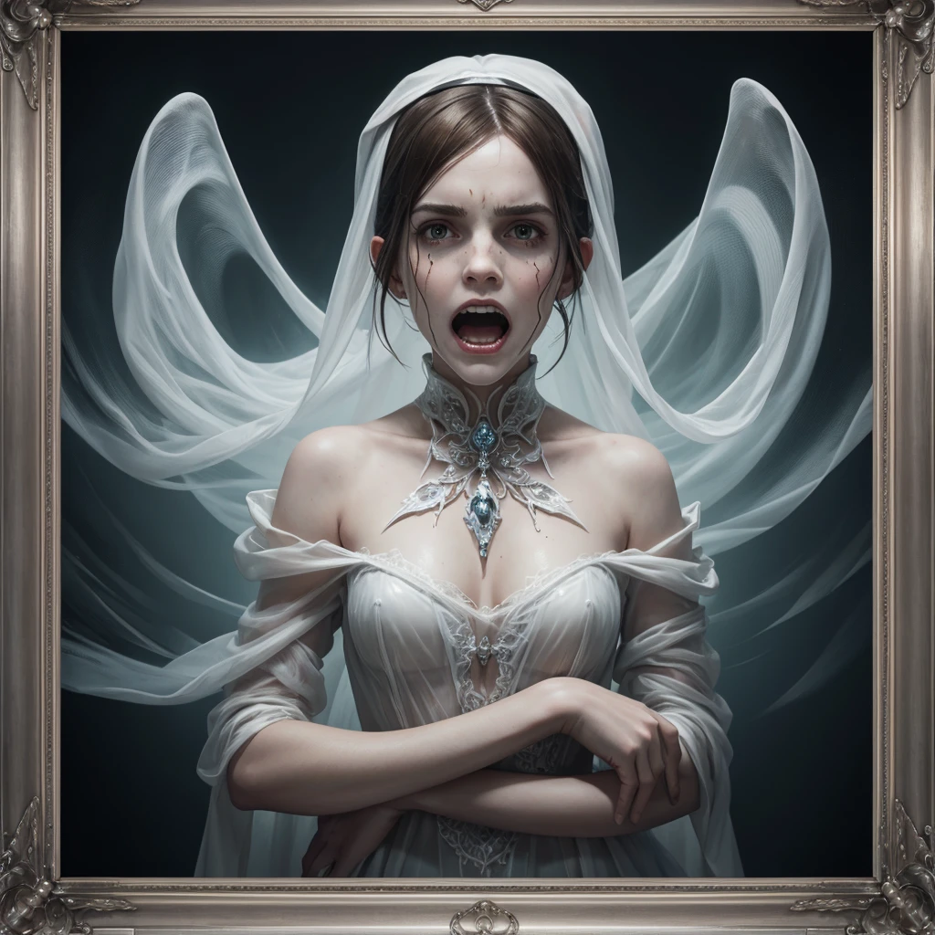 ghostlystyle, tranzp, Emma Watson, ghostly mist, wooden frame, oil painting, (transparent, screaming, floating), gothic horror, tattered ghostly clothes, light grey, grim reaper face, full body, trapped in a haunted oil painting, hyperrealism, ghostly claws, trapped, (scared, panicked,, horrified), hands in lap, peter mohrbacher, pierre terblanche, trending on artstation