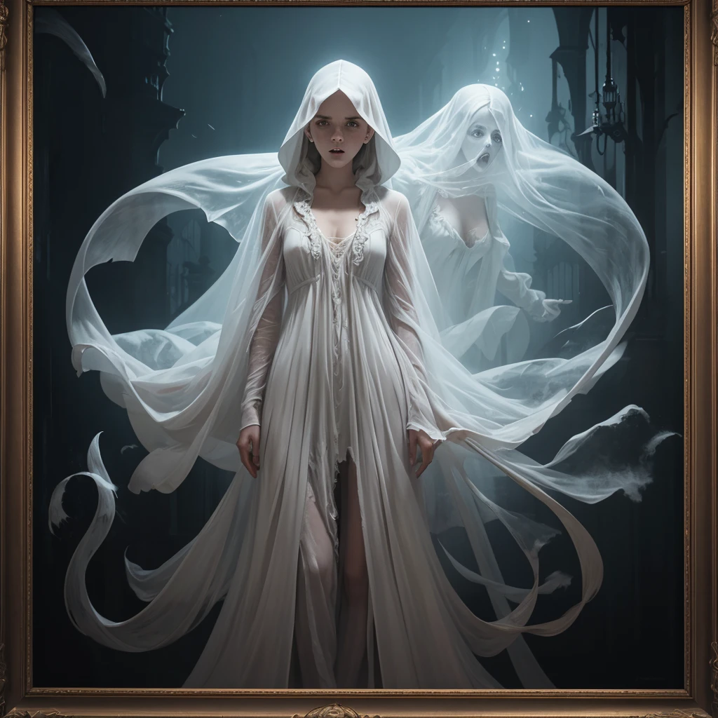 ghostlystyle, tranzp, Emma Watson, ghostly mist, wooden frame, oil painting, (transparent, screaming, floating), gothic horror, tattered ghostly clothes, light grey, grim reaper face, full body, trapped in a haunted oil painting, hyperrealism, ghostly claws, trapped, (scared, panicked,, horrified), hands in lap, peter mohrbacher, pierre terblanche, trending on artstation