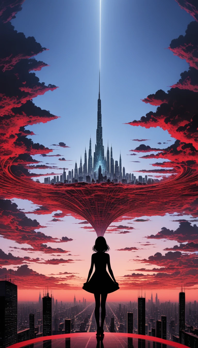 in style of Nick Veasey,(in style of Takeshi Obata:1.3),
a concept map of the scene,black urban silhouette on the ground,(red symmetrical urban silhouette upside down in the sky:1.2),fantasy surreal scenes,(1 girl solo:1.1),(symmetrical picture up and down:1.2),pale violet sky color,