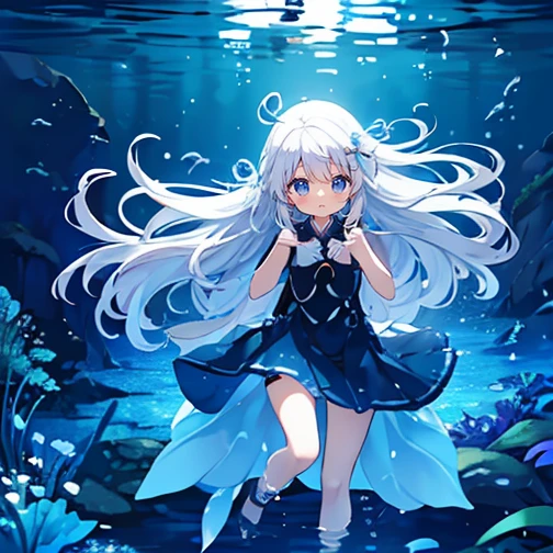 (Peace Fly), (highest quality), Very detailed, 1 girl, Personal full-body photo, Perfect Face, beautiful girl, Very detailed顔，(Long white hair:1.5)，(blue eyes:1.4)，(Flowing hair:1.4)，(In the water:1.4)，sink，school Fishy smell，Light，jellyfish，Seaweed，Redfish，Fishy smell，deep sea，Fantasy
