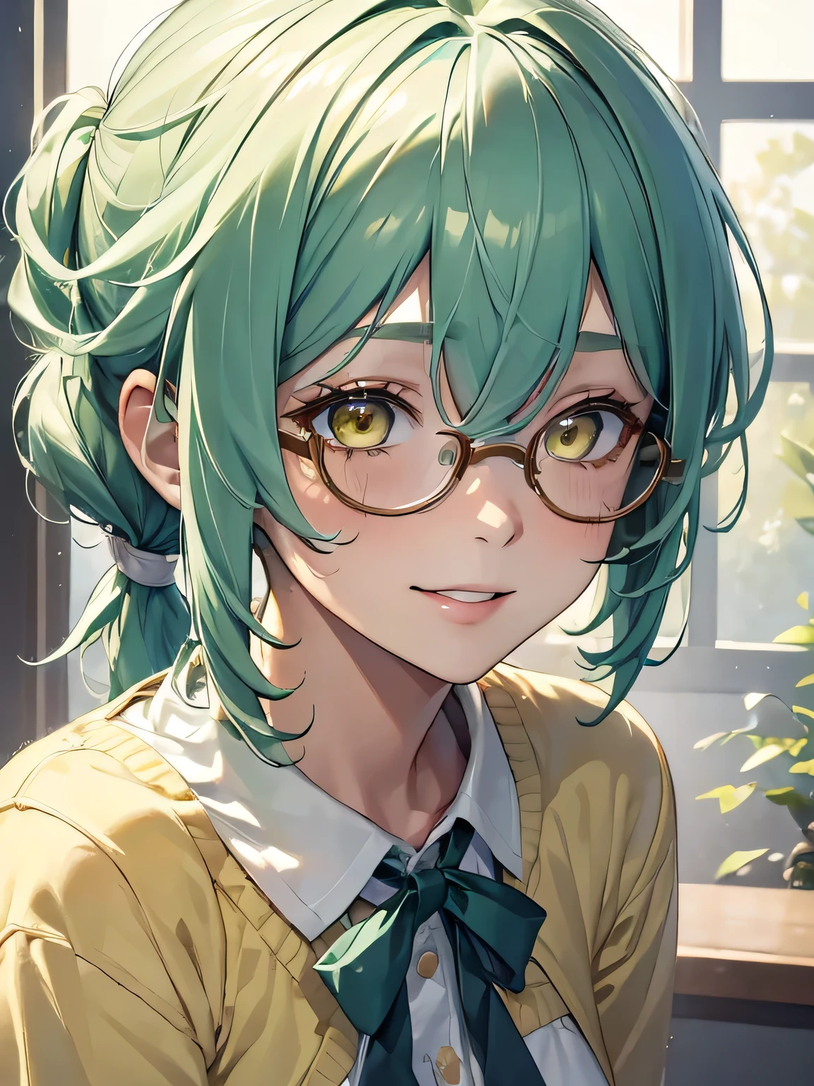 (masterpiece, best quality:1.4), 8k, Close Up, Light pastel Green Hair, Ribbon on hair, Medium Messy Short Ponytail Hair, Round Glasses, Young adult, anime girl, Happy, Smiling, Shy,  light Yellow Eyes, School Outfit, White sweater, (detailed eyes and face, sharp pupils, realistic pupils:0.6)