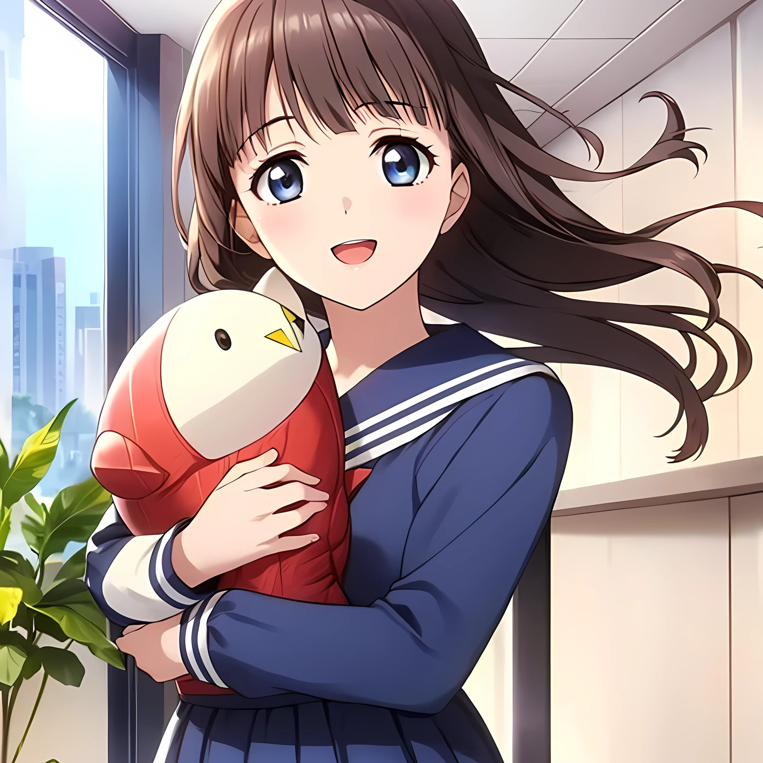 (highest quality, masterpiece:1.2), highest quality, High resolution, 1080p, 8K, Game heroine CG, Height: 158cm, ((A beautiful game heroine is hugging a stuffed fish)), A face that everyone loves, Glossy lips, Even bangs, Double, Long eyelashes on both the top and bottom, Smiling blue eyes, The very large and thick yellow ribbon bowtie is very cute., ((Black Hair)), Beautiful, shiny, long black hair, ((A long, neat, dark navy pleated skirt)), (((A long-sleeved navy blue sailor uniform for winter, all dark blue in color))), ((Navy blue jacket)), Smiling, slightly open mouth like a game heroine, Ribbon in hair, Tight waist, The background is a blank white space, ((Blur the background))