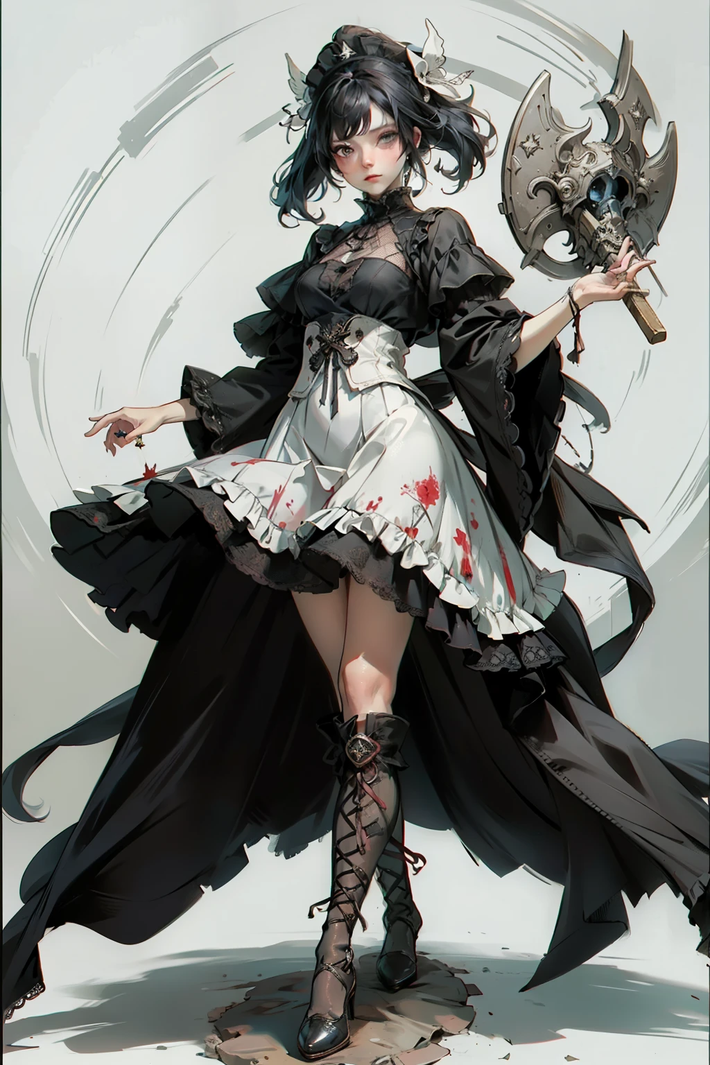 ((best quality)), ((masterpiece)), (detailed), blank white background, plain background, white background, red and white clothing, Bloodborne inspired, occult aesthetic, occult, detailed and intricate steampunk and detailed gothic, NSFW, Very dramatic and cinematic lighting, cosmic horror, grim-dark, side-lighting, perfect face, NSFW, Fluttering lace flared long knee length dress with frilly petticoats, knee length dress, pleated petticoats, ta dress, petticoats gothic lolicomplex lace boots, wielding a sword and holding a shield, side-lighting, gothic lolita aetic, NSFW, beautiful small breasts, small breasts, full body, whole body, body, plain background, white background, blank background, no background, white background NSFW, full body, whole body, head-to-toe