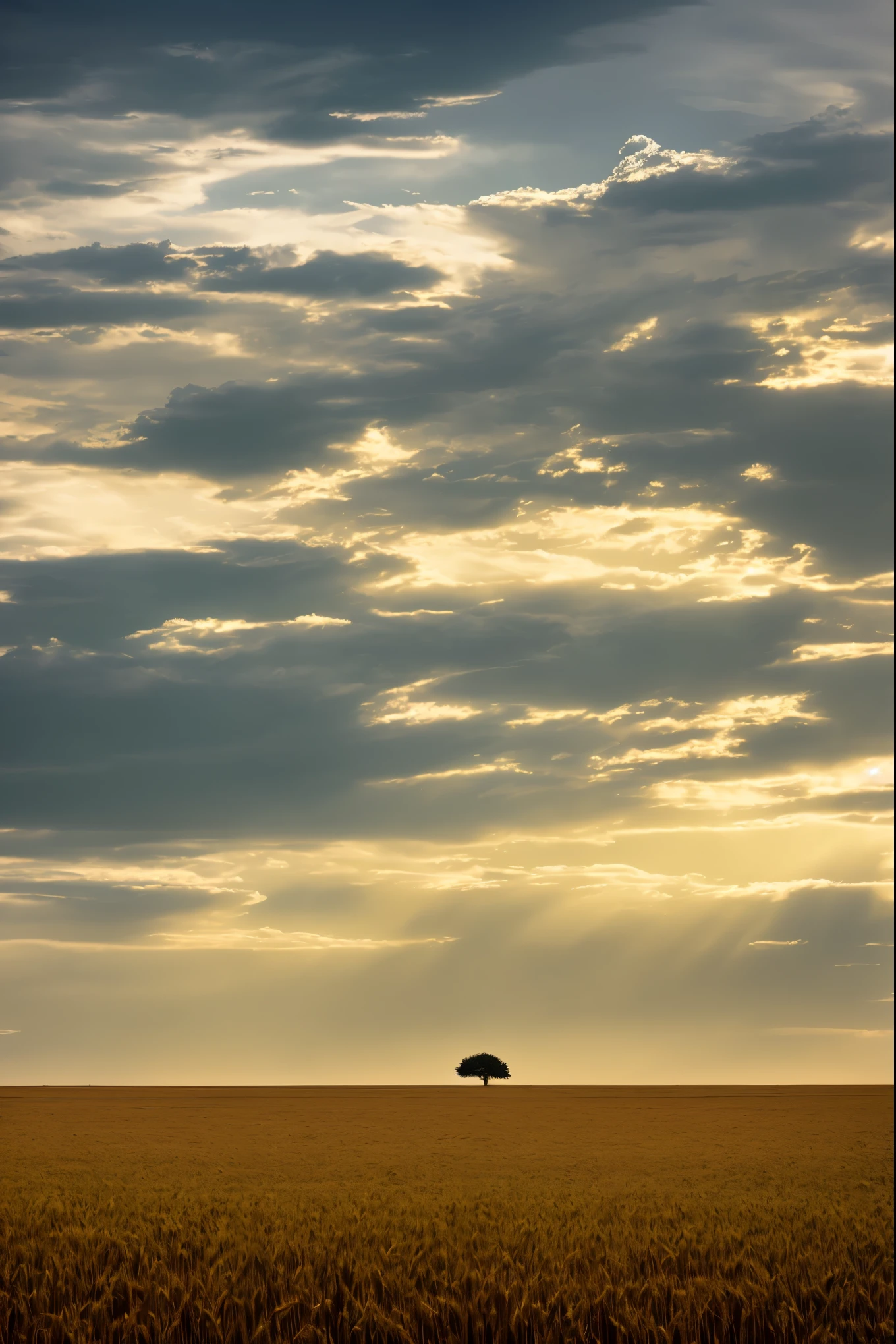 arafed field of wheat with a lone tree in the distance, a picture by Karl Hagedorn, flickr, land art, clouds and fields in background, detailed fields nature, immense wheat fields, nature and clouds in background, vast wheat fields, brooding clouds', on the vast wheat fields, dramatic sky and landscape, gorgeous clouds, beautiful late afternoon