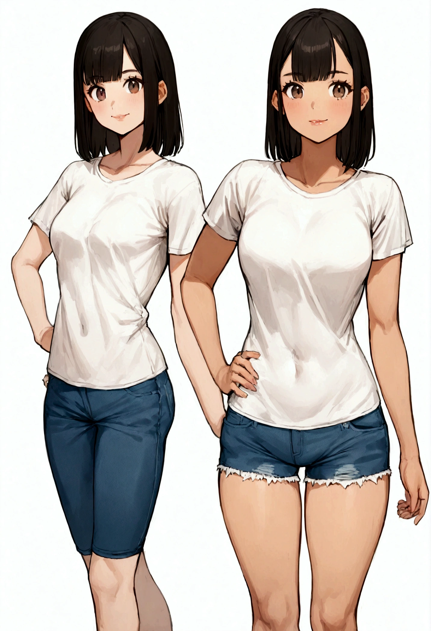 1 girl, 23 years old, young, round face, thin lips, long black hair, straight bangs, smiling, actress, Hungarian, 158 cm tall, weight 49 kg, thin, small bust, , defined muscles, well proportioned body, slightly tanned olive skin, wearing a tight white cotton t-shirt, very short and frayed denim shorts.