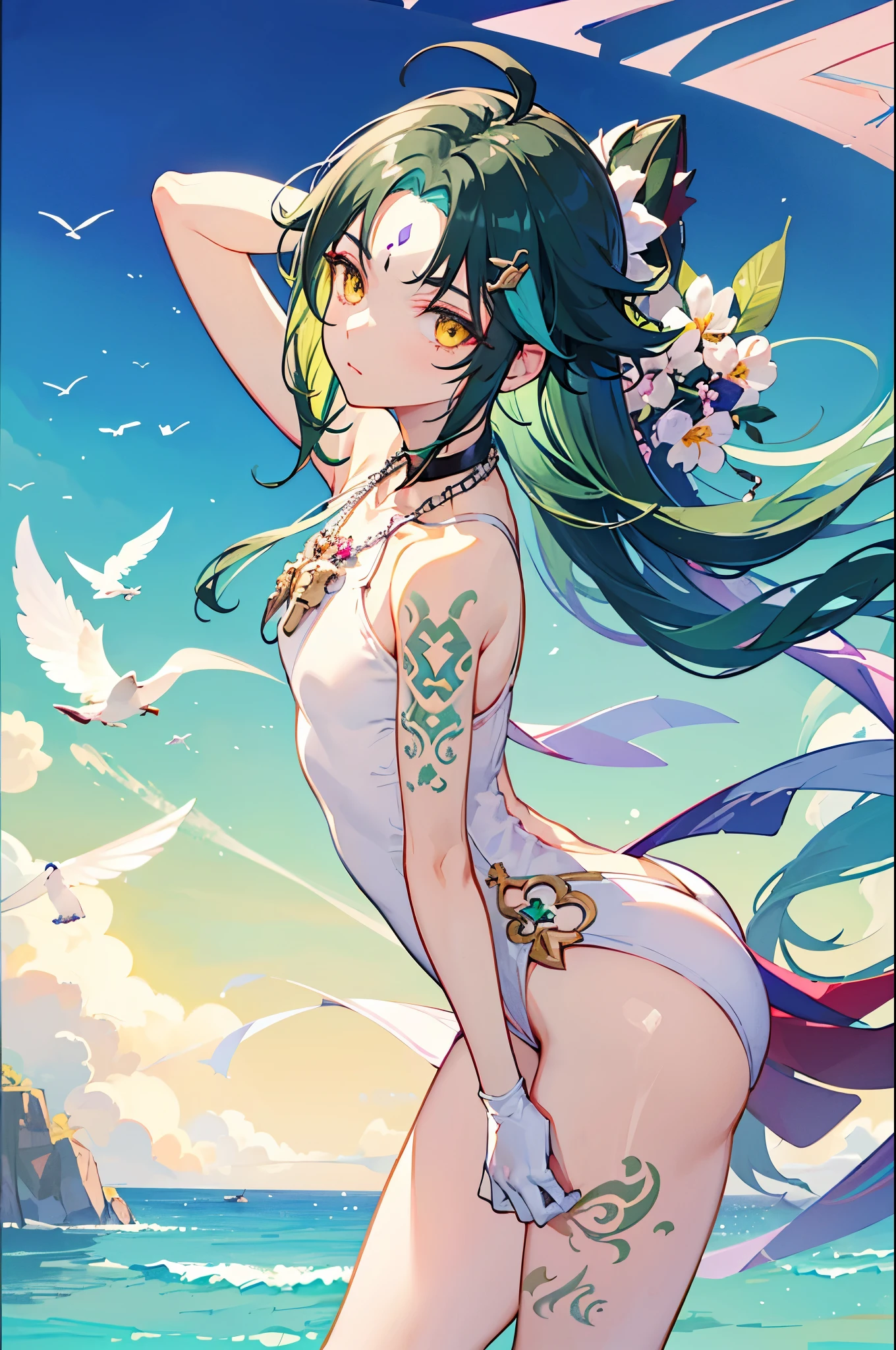 (((best quality))), ((ultra-detailed)), ((an extremely delicate and beautiful)), ((16k)), realistic, hd, cgi, gleaming hair, gleaming skin, gleaming dress, Character focus, solo, stylish pose, strong light coming in, sharp focus, illustration, game cg, anime, solo, curvy, (small breasts:1.3), forehead, (white taut one-piece swimsuit:1.2), faste collarbone, (belly:0.9), standing, leaning forward, hand on own head, looking at viewer, ocean, flower hair ornament, accessories, backlighting, shiny skin, shiny body, chibi, xiao, (genshin impact), gloves, tattoo, arm tattoo, necklace, jewelry, green hair, bead necklace, multicolored hair, beads, yellow eyes, mark on forehead, purple mark on forehead, long hair