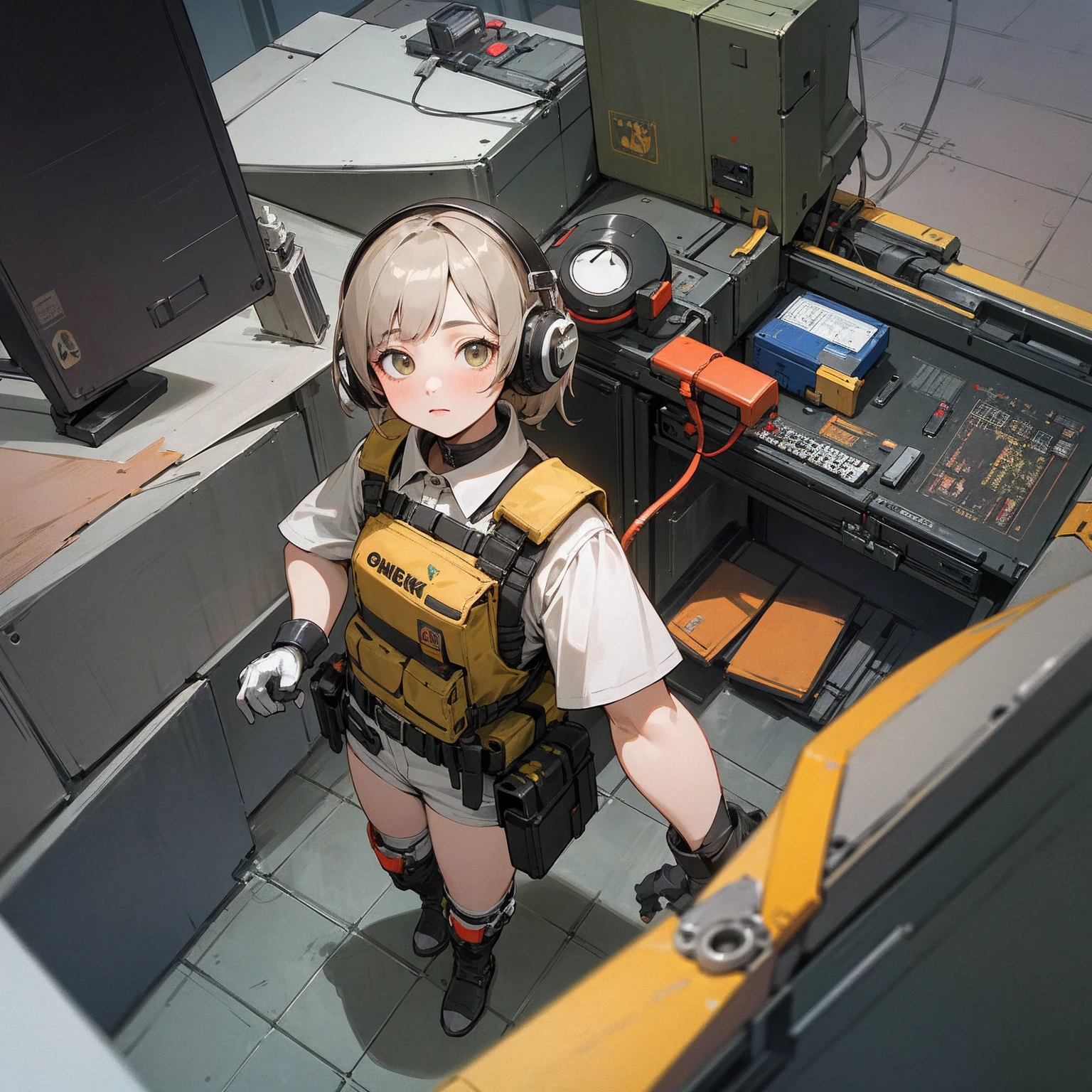 ((high quality)), ((masterpiece)), 8k, Two Girls, Bulletproof vest, light, Highly detailed CG Unity 8k wallpaper, Game CG, View Viewer, gloves, boots, whole body, clock, computer, mask, Drone, Have a weapon, Headphones,