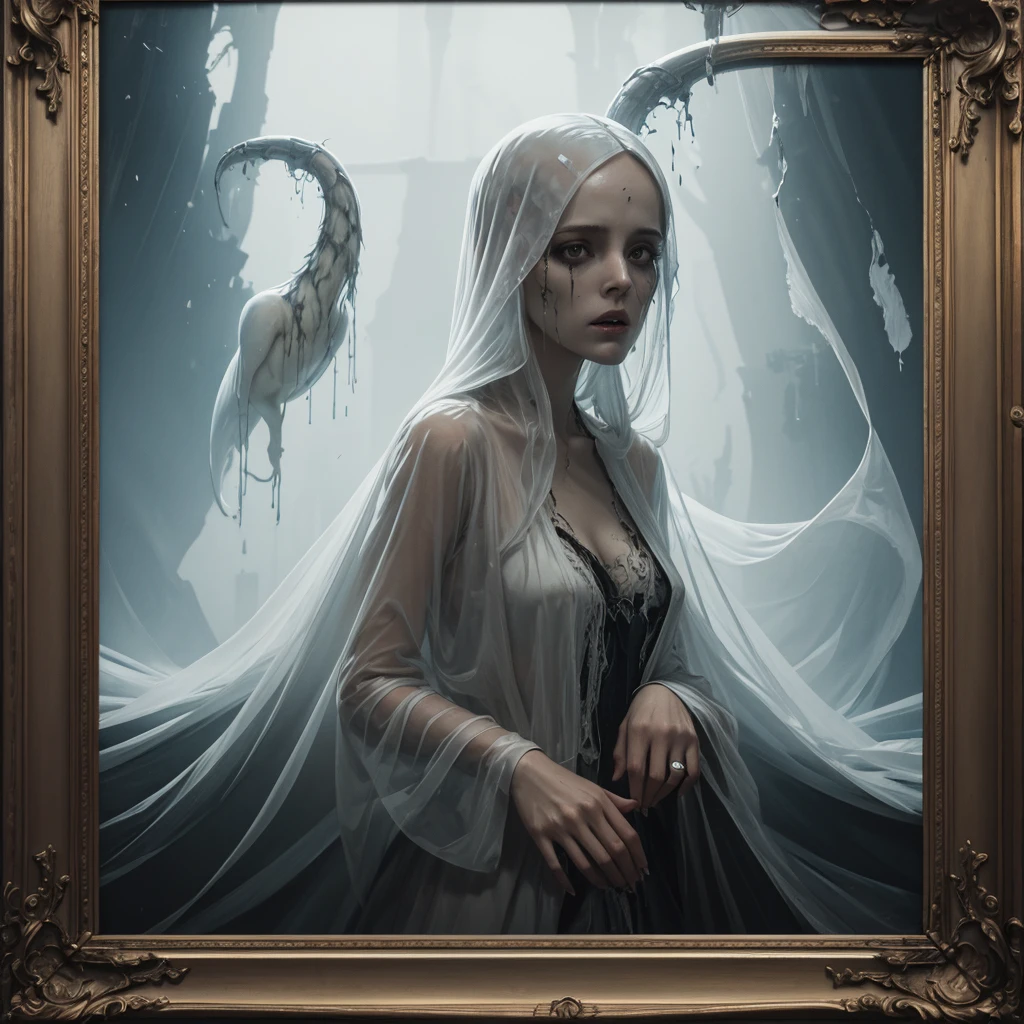 ghostlystyle, tranzp, young woman, ghostly mist, wooden frame, oil painting, (transparent, screaming, floating), gothic horror, tattered ghostly clothes, light grey, grim reaper face, full body, trapped in a haunted oil painting, hyperrealism, ghostly claws, trapped, (scared, panicked,, horrified), hands in lap, peter mohrbacher, pierre terblanche, trending on artstation