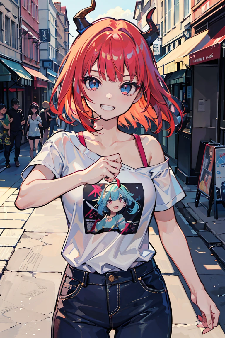 (1 girl), (Dragon), ((Horns on the head)), (super high quality), masterpiece, Cowboy Shot, Burn, Crimson Hair, Mid cut, Tie the ends of your hair, Casual Scene, Tense atmosphere, (martial arts), She is wearing fashionable clothes, sun, Emits warm tones, Street atmosphere, Perfect body, (E Cup:1.2), Grin, teeth, Fresh, (Asymmetrical bangs:1.3)Highly detailed face and eyes, Three white eyes, Band T-shirts, (Expose your shoulders), Digital Art, beautiful, Cinema Lighting, by Yusuke Murata.tonality, Romanticism, modern art, Impressionism, reflected light, 8k, masterpiece, Advanced Details, highest quality, Accurate anatomy