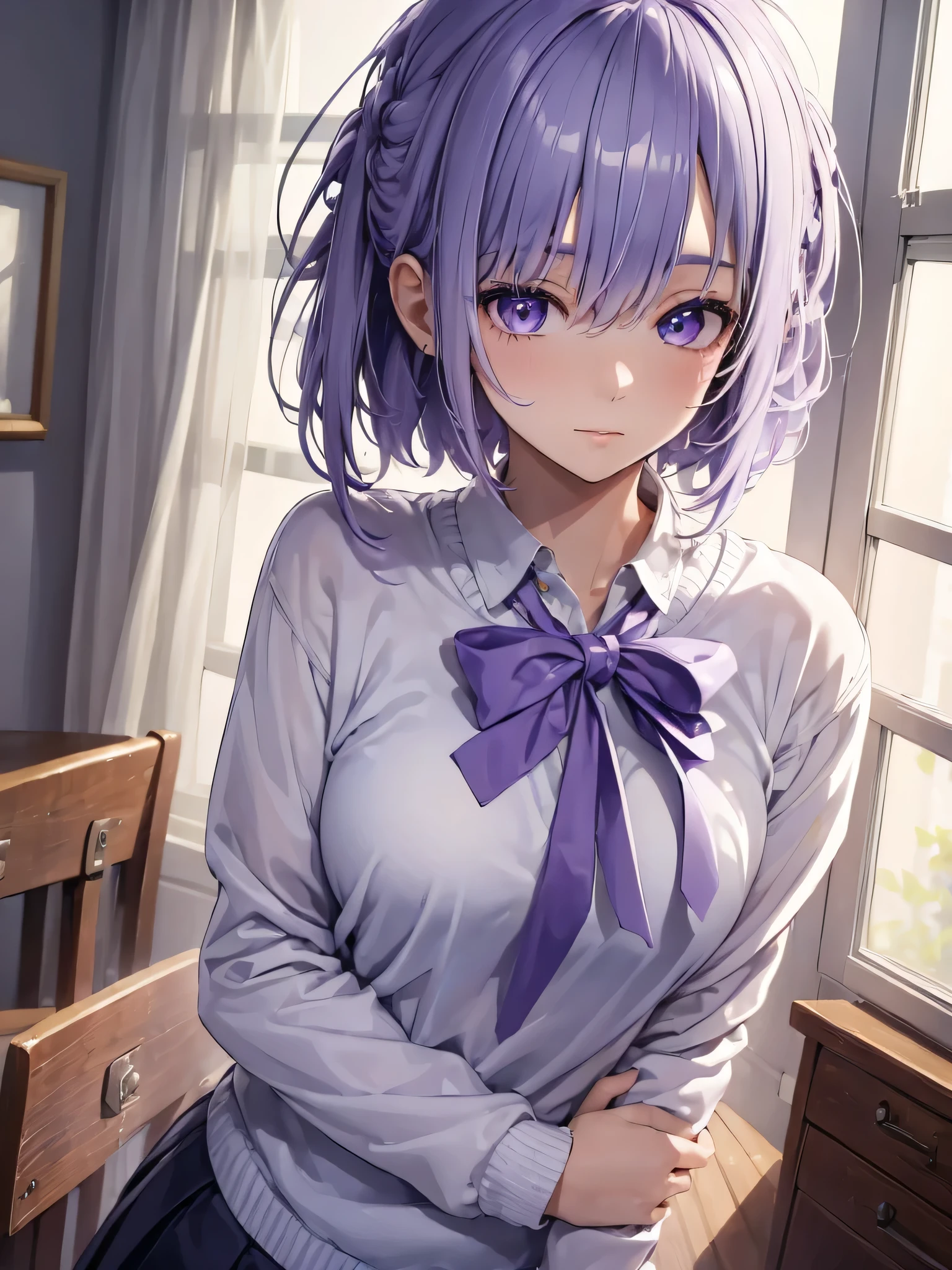 (masterpiece, best quality:1.4), 8k, Close Up, Light pastel Purple hair, Short Straight Hair, Young adult, anime girl, Happy, Shy, light purple Eyes, School Outfit, White sweater, (detailed eyes and face, sharp pupils, realistic pupils:0.6)