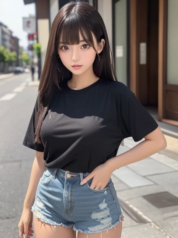 ((highest quality)), ((masterpiece)), (detailed),Japanese Beauty, One Girl, (beautiful girl:1.3), (20-year-old:1.2), Very fine grain definition, (Symmetrical eyes:1.3), Beautiful breasts, Brown eyes, Parted bangs, Dark Hair, Medium Hair, (pout:1.3),  (Denim shorts:1.3), (Oversized T-shirt:1.3), Cafe, Poses that accentuate the buttocks､ Back view､ Place your hand on your chest