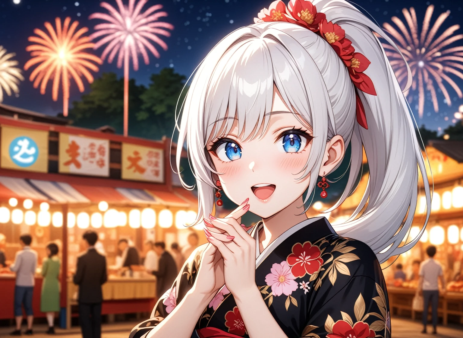 ((one personの女性)), Beautiful Face,Laughing embarrassedly,Laughing with your mouth open,Bright red cheeks,Glossy pink lips,night,Festival stalls on the riverbank,firework,((Anime style background)),masterpiece, highest quality, so beautiful, Latest, Complex details, (Pink long nails),AI-generated, Complex,High resolution, highest quality, super high quality,3D Images、View your viewers、3D Images,one person,Long white hair,High Ponytail,blue eyes,Anime woman posing for a photo, (Fine grain,Colorful eyes,Shining Eyes:1.0),(Squint your eyes:1.1),a hyperRealistic , hyperRealistic , Realistic,Anime woman with long and white hair, Smooth anime CG art, A woman in a colorful kimono with gold embroidery, (Black kimono),Red floral pattern,Long flower hair ornament,Big earrings,,Mature Body,(Big Breasts:1.0)Tall,Big Ass,Fine details,Narrow waist,(Face close-up:1.5),Bevel the background.Cover your mouth with your hands