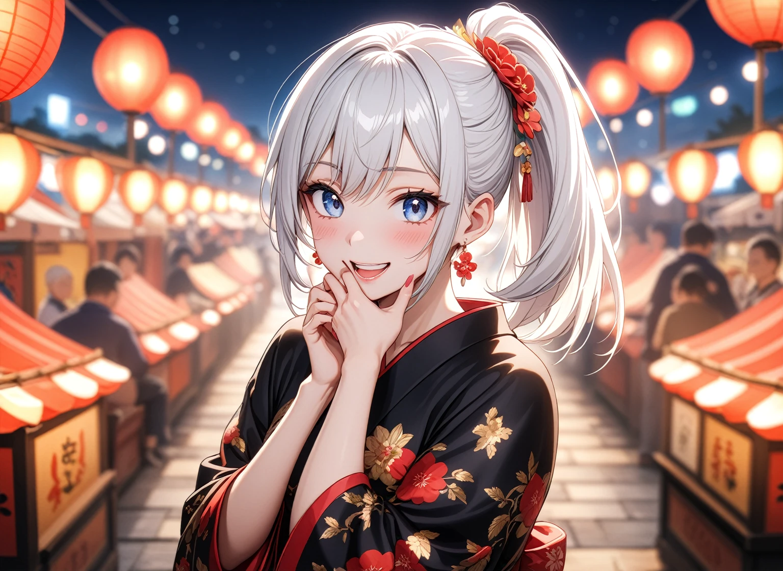 ((one personの女性)), Beautiful Face,Laughing embarrassedly,Laughing with your mouth open,Bright red cheeks,Glossy pink lips,night,Festival stalls on the riverbank,firework,((Anime style background)),masterpiece, highest quality, so beautiful, Latest, Complex details, (Pink long nails),AI-generated, Complex,High resolution, highest quality, super high quality,3D Images、View your viewers、3D Images,one person,Long white hair,High Ponytail,blue eyes,Anime woman posing for a photo, (Fine grain,Colorful eyes,Shining Eyes:1.0),(Squint your eyes:1.1),a hyperRealistic , hyperRealistic , Realistic,Anime woman with long and white hair, Smooth anime CG art, A woman in a colorful kimono with gold embroidery, (Black kimono),Red floral pattern,Long flower hair ornament,Big earrings,,Mature Body,(Big Breasts:1.0)Tall,Big Ass,Fine details,Narrow waist,(Face close-up:1.5),Bevel the background.Cover your mouth with your hands