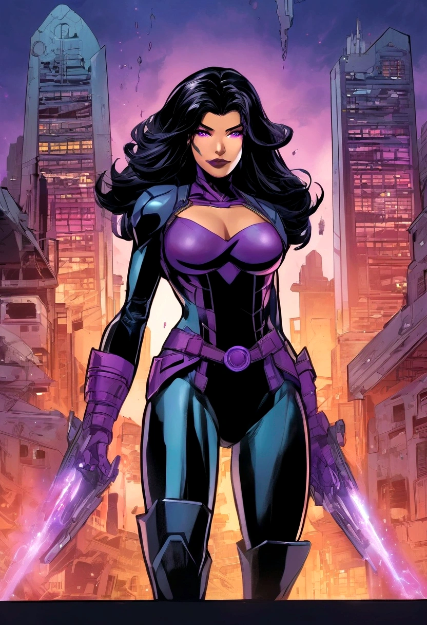 Generate a complete image of a black-haired super villain who has violet powers and has violet technological armor and an advanced technological mask on her face., purple energy around her and a destroyed city behind her.