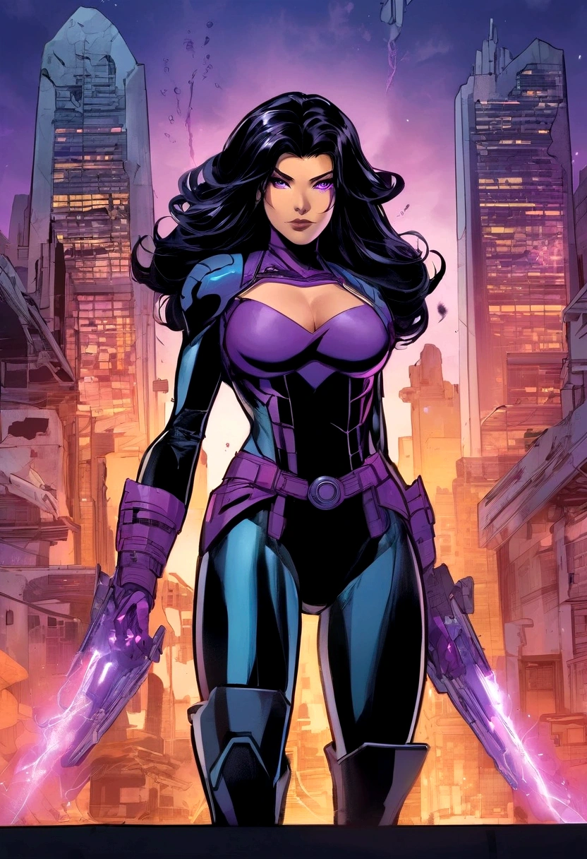 Generate a complete image of a black-haired super villain who has violet powers and has violet technological armor and an advanced technological mask on her face., purple energy around her and a destroyed city behind her.
