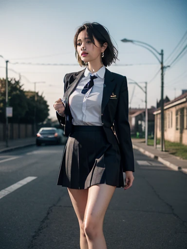 absurdres, RAW photo, extremely delicate and beautiful, masterpiece, Best Quality, ultra high resolution, 16k, hyperrealistic, ultra-detailed, perfect anatomy, super Detailed skin, perfect figure, Very detailed CG 8k wallpaper, in her 20s, very Slim body, narrow waist, very small head, very small face, delicate facial features, tearful mole, earring, thin legs, (very huge round breasts), (full body shot), bare legs, short hair, wavy hair, light brown hair, 1 girls, wet, ((school uniform)), blazer, skirt,