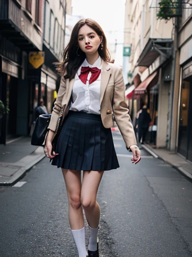 absurdres, RAW photo, extremely delicate and beautiful, masterpiece, Best Quality, ultra high resolution, 16k, hyperrealistic, ultra-detailed, perfect anatomy, super Detailed skin, perfect figure, Very detailed CG 8k wallpaper, in her 20s, very Slim body, narrow waist, very small head, very small face, delicate facial features, tearful mole, earring, thin legs, (very huge round breasts), (full body shot), bare legs, short hair, wavy hair, light brown hair, 1 girls, wet, ((school uniform)), blazer, skirt,