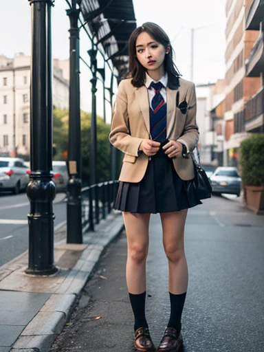absurdres, RAW photo, extremely delicate and beautiful, masterpiece, Best Quality, ultra high resolution, 16k, hyperrealistic, ultra-detailed, perfect anatomy, super Detailed skin, perfect figure, Very detailed CG 8k wallpaper, in her 20s, very Slim body, narrow waist, very small head, very small face, delicate facial features, tearful mole, earring, thin legs, (very huge round breasts), (full body shot), bare legs, short hair, wavy hair, light brown hair, 1 girls, wet, ((school uniform)), blazer, skirt,