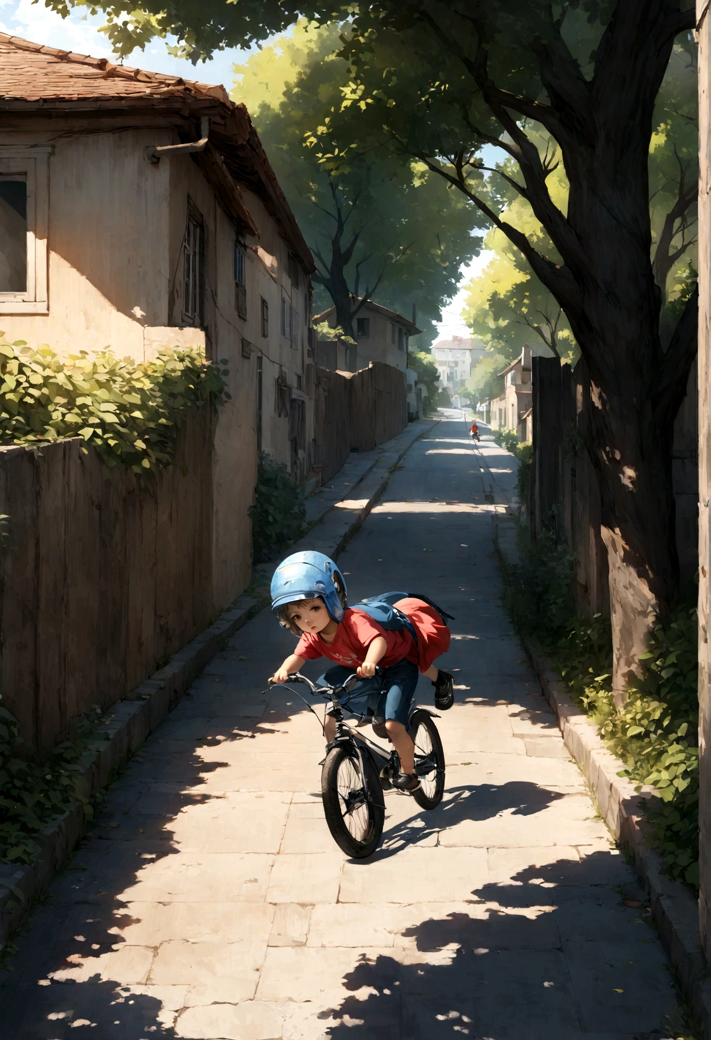 Create a realistic and dynamic image showing a character falling off a bike. Le personnage est un enfant d'environ 9 ans, portant un t-shirt rouge, un short bleu, et un casque de protection. Capture the precise moment the bike loses balance, avec les roues en l'air et le personnage s'apprêtant à toucher le sol. The expression on the child&#39;s face should reflect surprise and fear. The setting is a residential street with houses in the background and a few trees lining the sidewalk. The stage light is that of a sunny afternoon, with marked shadows.