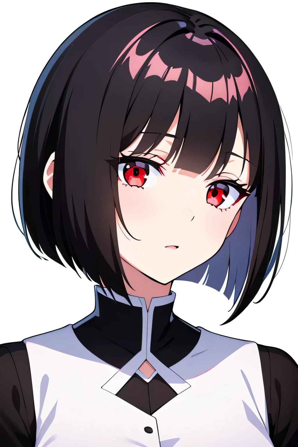 8K,illustration,short hair,,White background,Black_hair,Red Eyes,solitary,1 girl,best quality, Extremely refined、Black hair short bob、Double eyelids,Simple background、Upper body close-up、Immature,Ethereal,White background,Teasing eyes,cold,Sexy cute sweet girl
