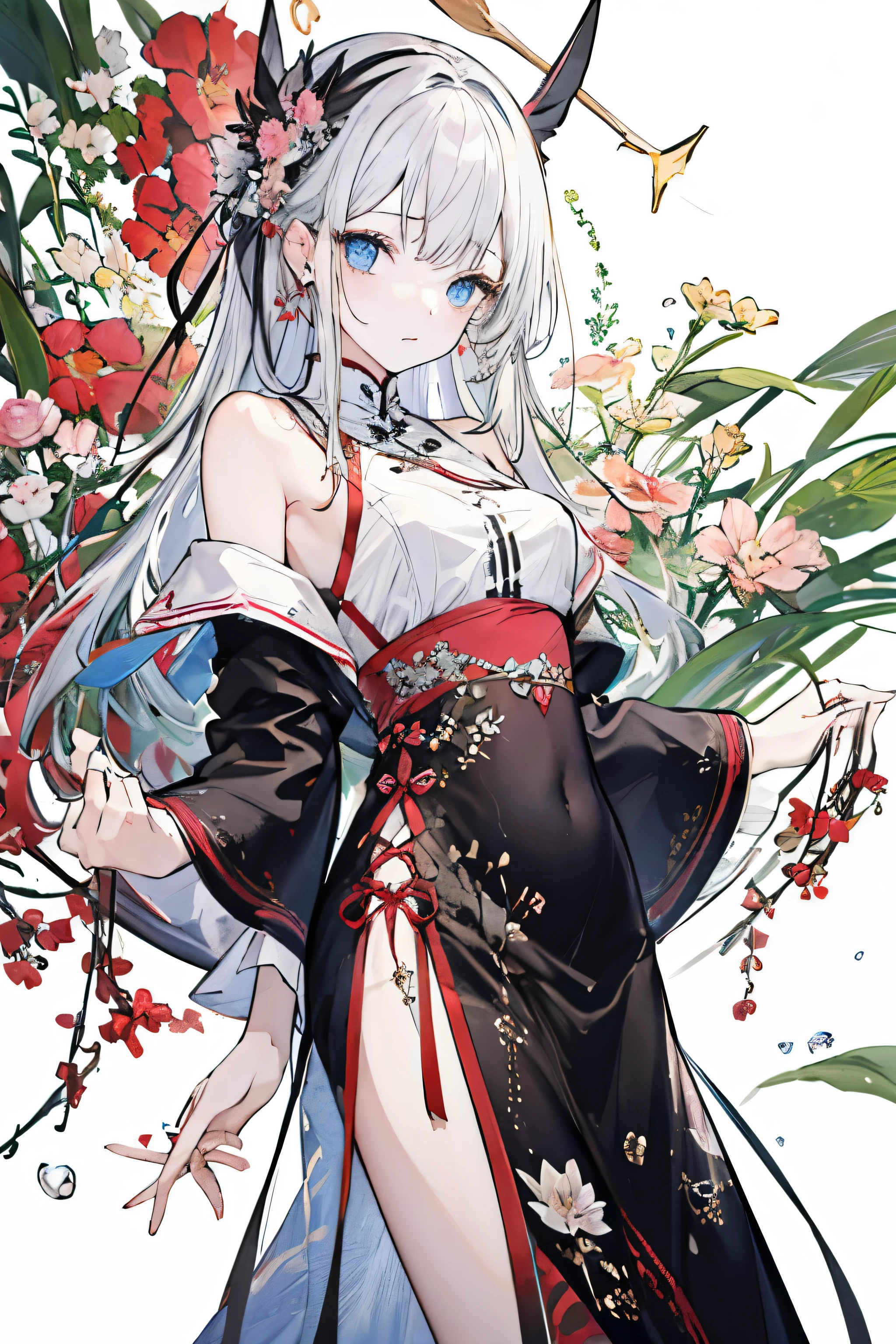 ((best quality)), ((masterpiece)), (detailed), 1 Girl, Slit cheongsam，Details of clothes，Off-shoulder，full-body shot，Eyes for detail，beautiful eyes